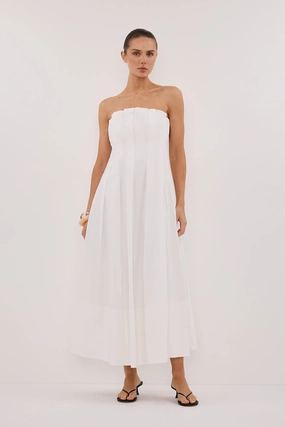 Bishop-Sleeve Evening Tone LILLY WHITE COTTON STRAPLESS MIDI DRESS