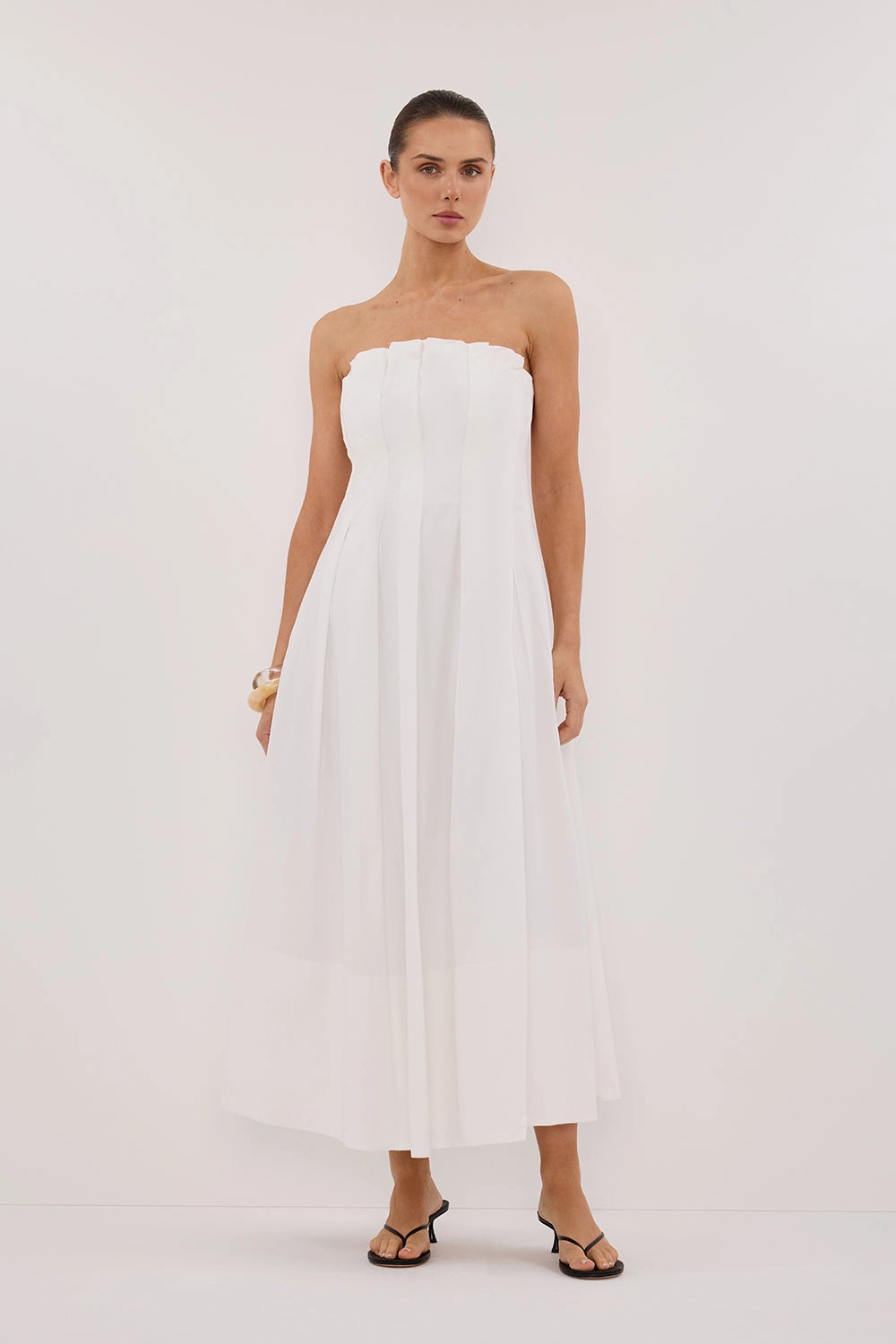 LILLY WHITE COTTON STRAPLESS MIDI DRESS Feminine Fit