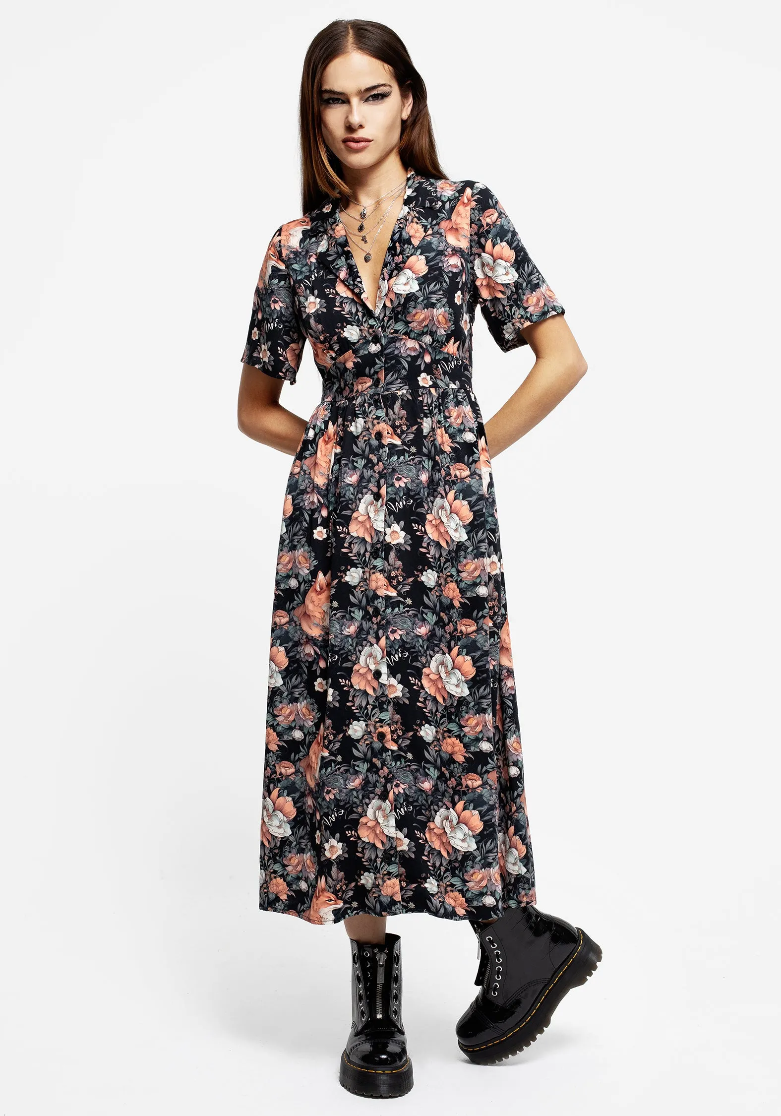 Reynard Fox Floral Print Midi Shirt Dress Artisanal-Detail