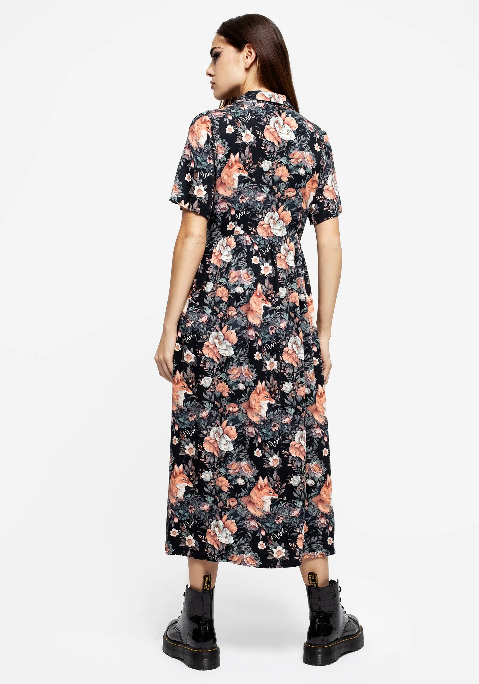 Reynard Fox Floral Print Midi Shirt Dress DeepPocketStyle