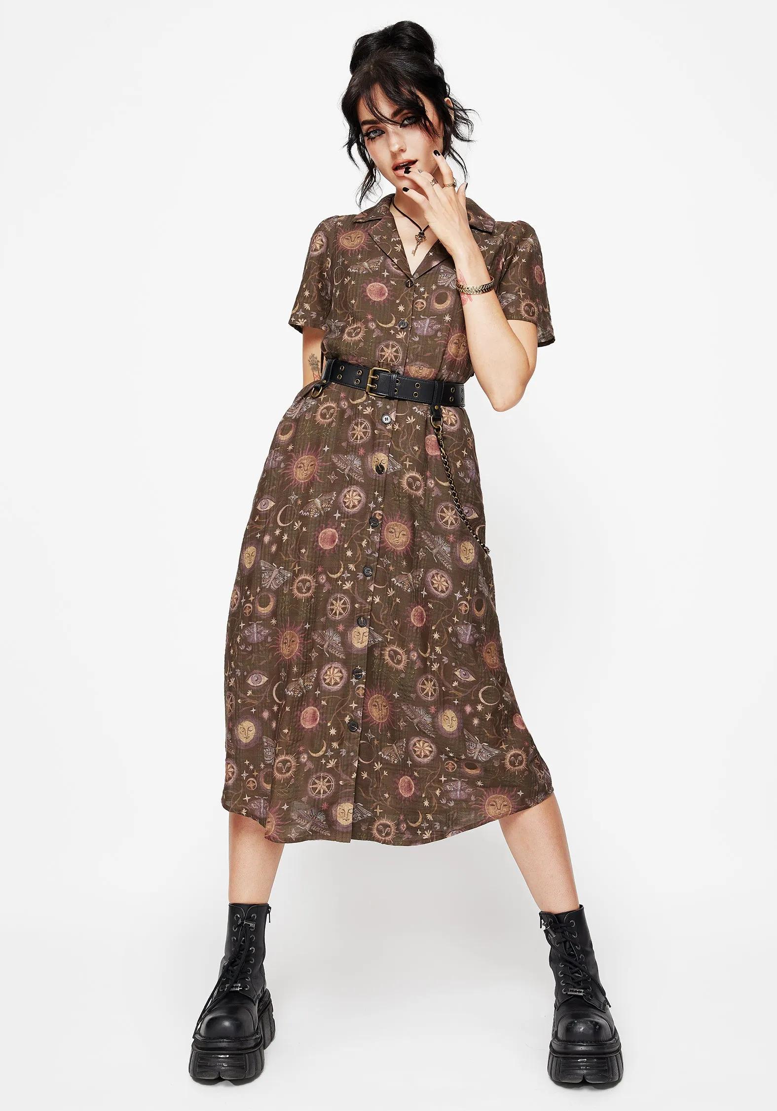 Rhea Cotton Blend Moth and Moon Print Midi Shirt Dress Daywear Fit Classic Design