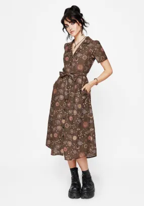Classic Fit Sheer Look Rhea Cotton Blend Moth and Moon Print Midi Shirt Dress