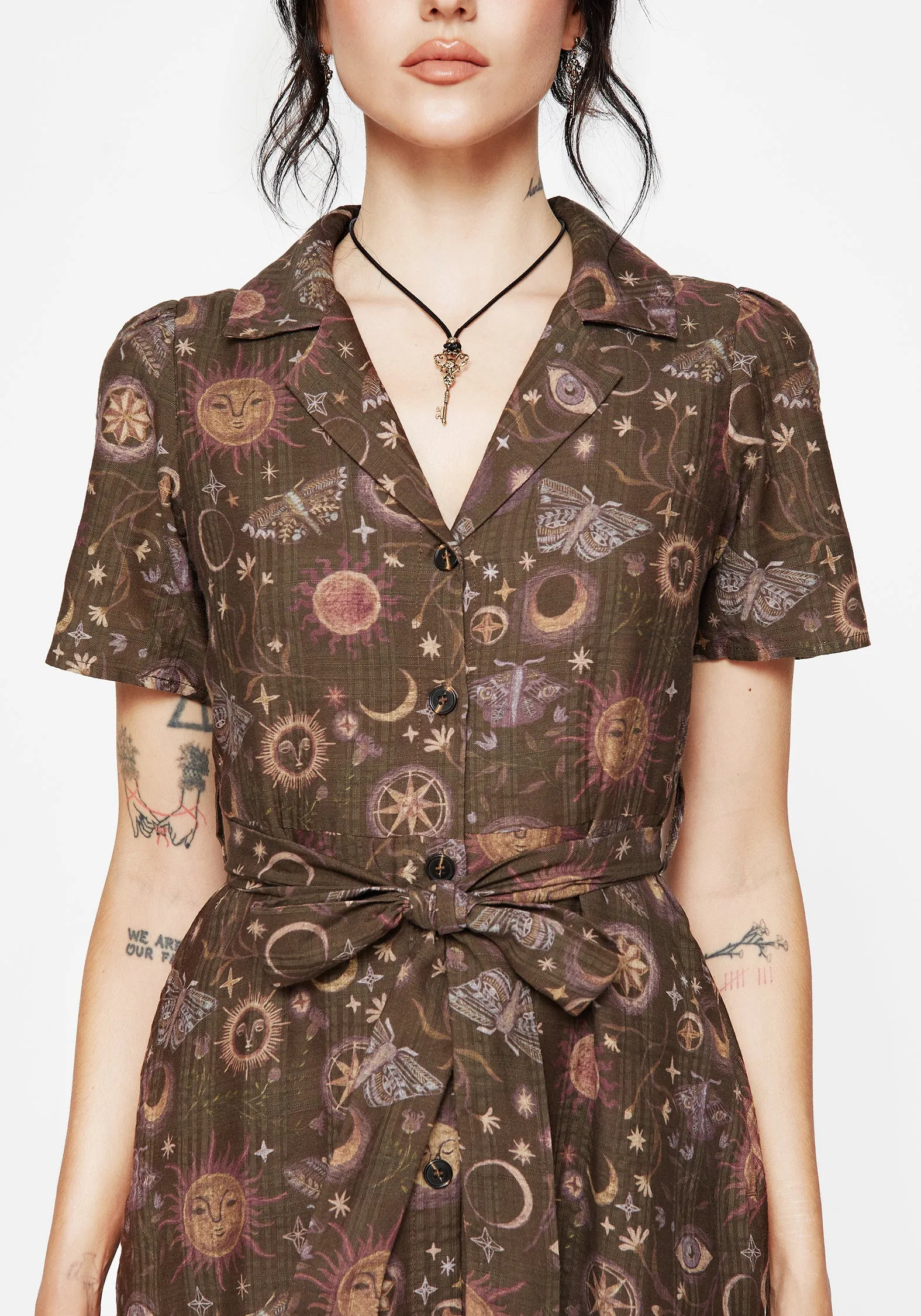 Rhea Cotton Blend Moth and Moon Print Midi Shirt Dress Soft Fit Wear