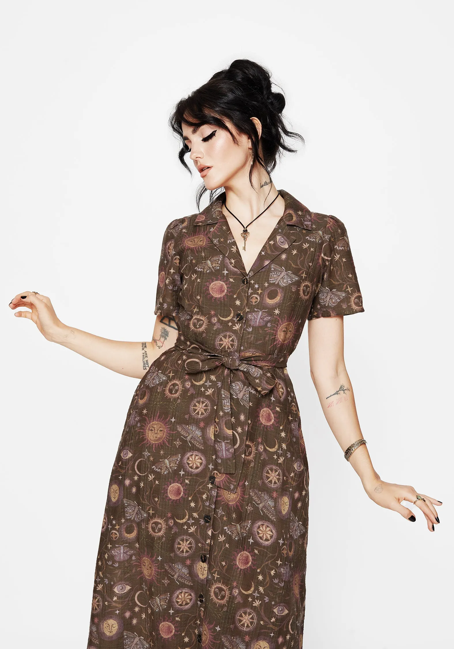Bold colors Rhea Cotton Blend Moth and Moon Print Midi Shirt Dress