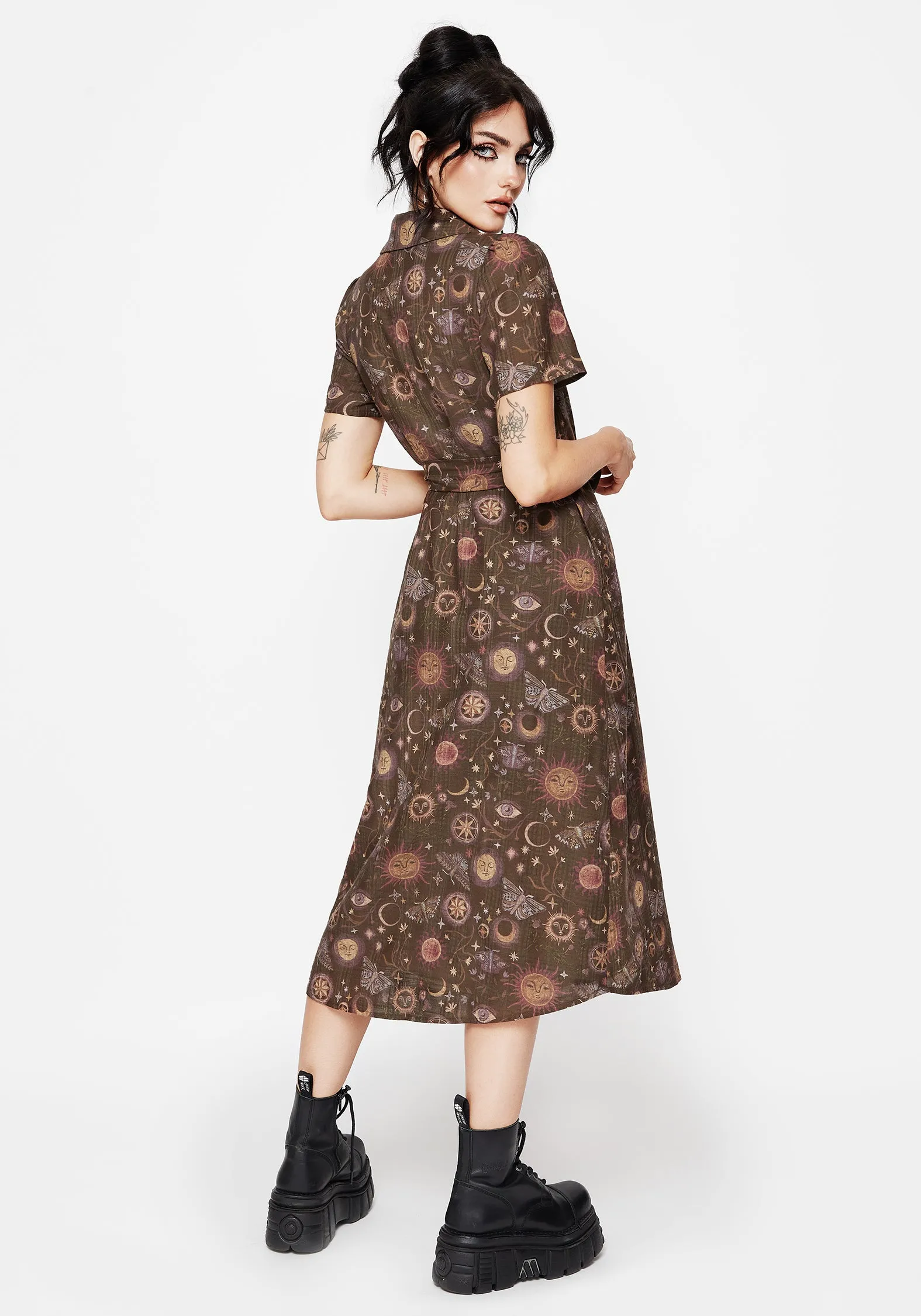 Comfortable Cut Bodycon-Fit Rhea Cotton Blend Moth and Moon Print Midi Shirt Dress