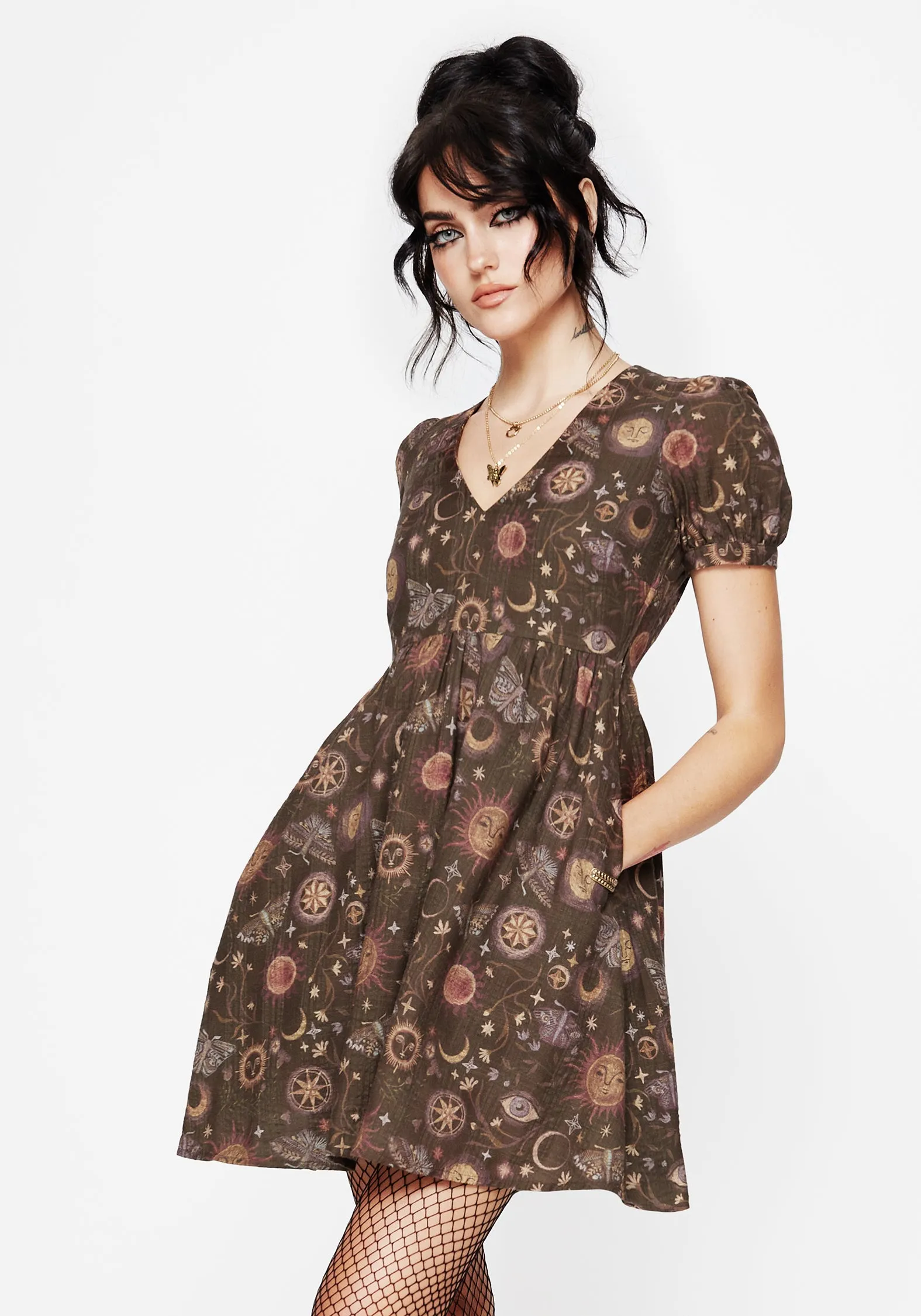 Rhea Cotton Blend Moth and Moon Print Mini Smock Dress Easy Comfort Look Classic Motion