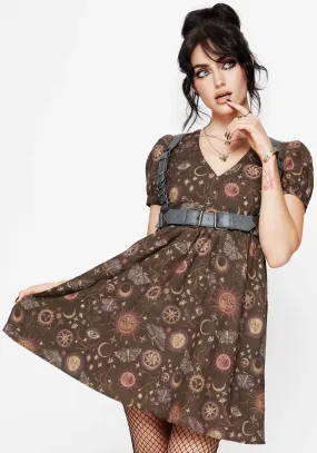 Soft Gradient Rhea Cotton Blend Moth and Moon Print Mini Smock Dress