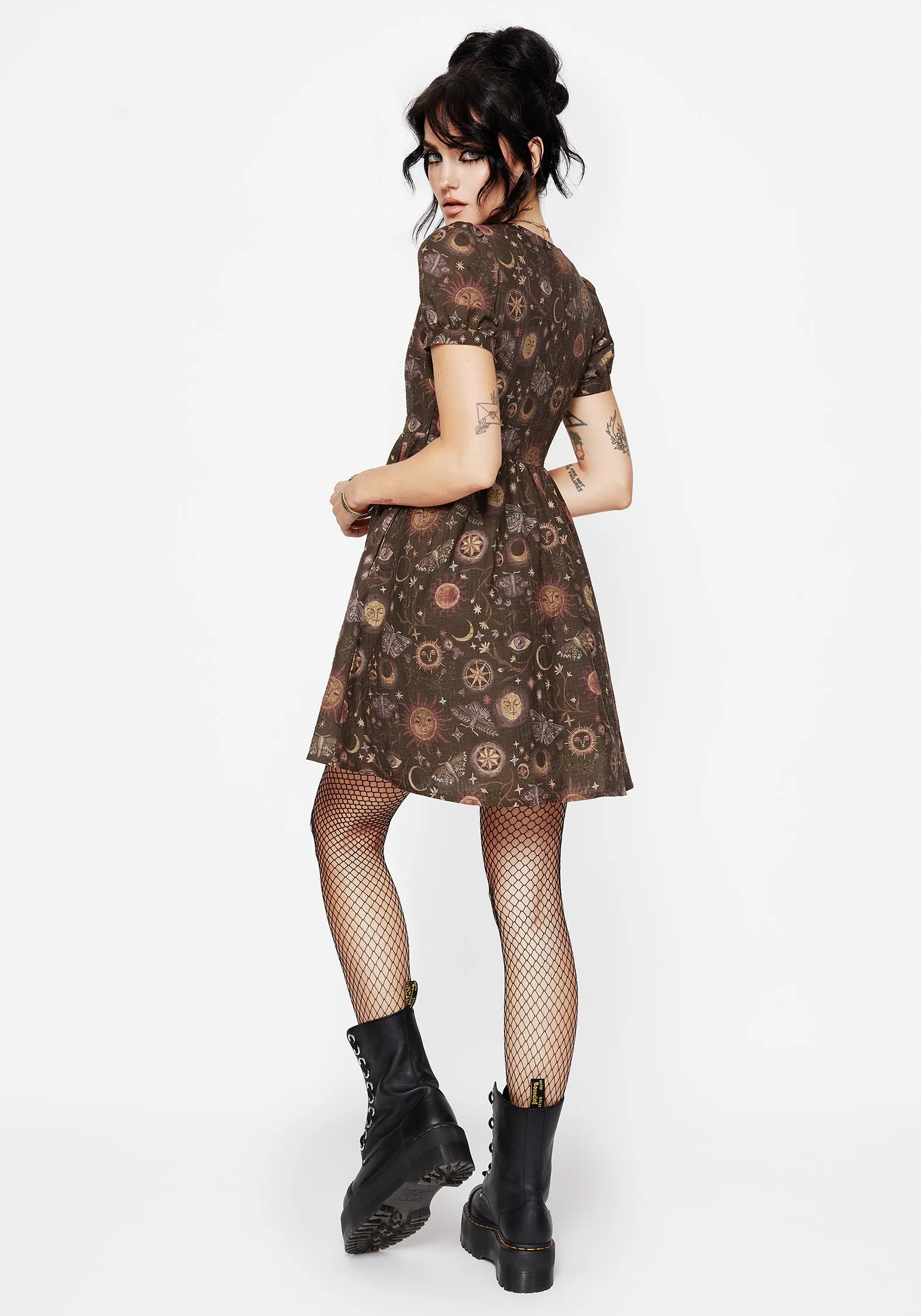 Rhea Cotton Blend Moth and Moon Print Mini Smock Dress Fashion Layer Side-Slit