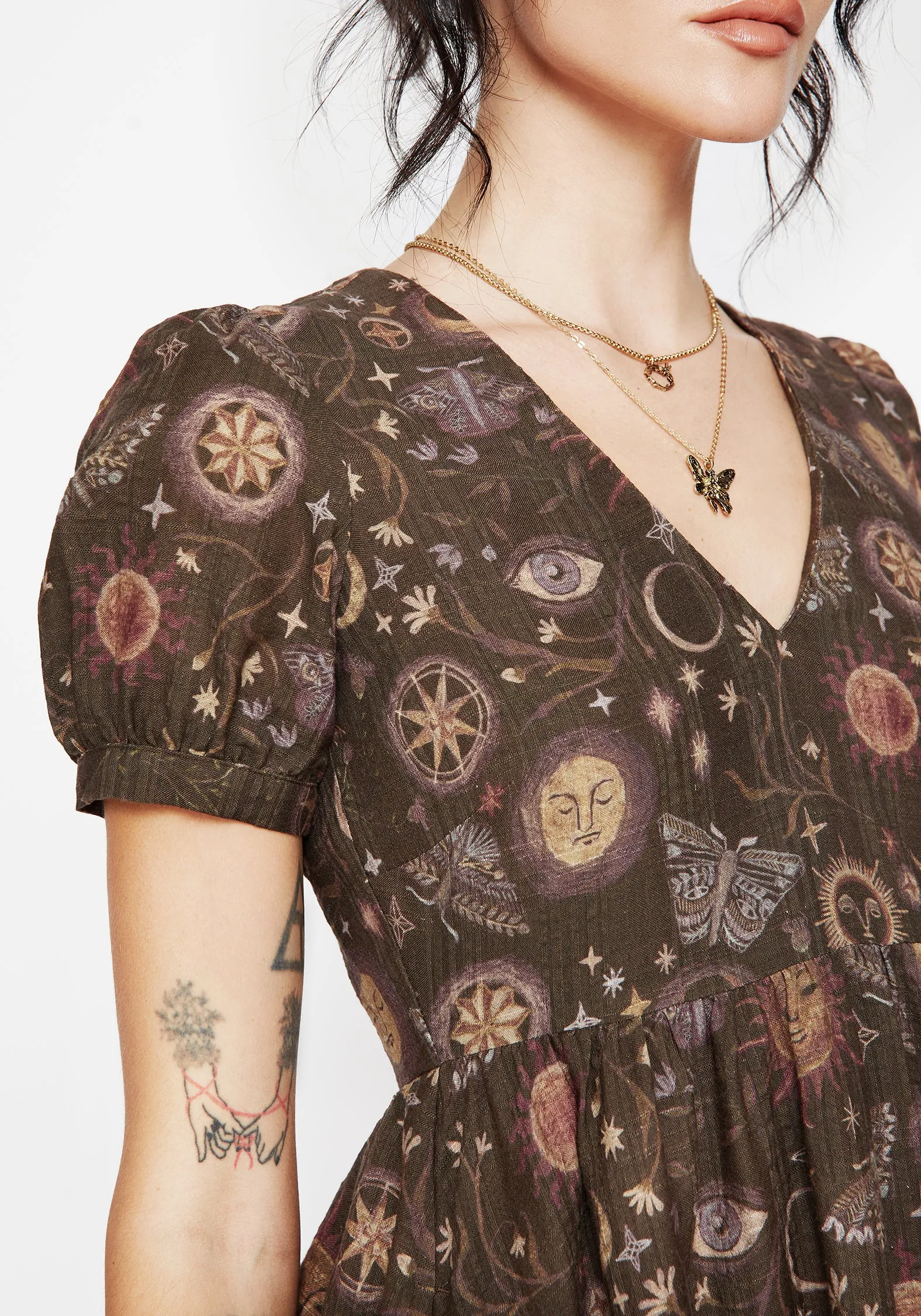 Rhea Cotton Blend Moth and Moon Print Mini Smock Dress Fitted Design