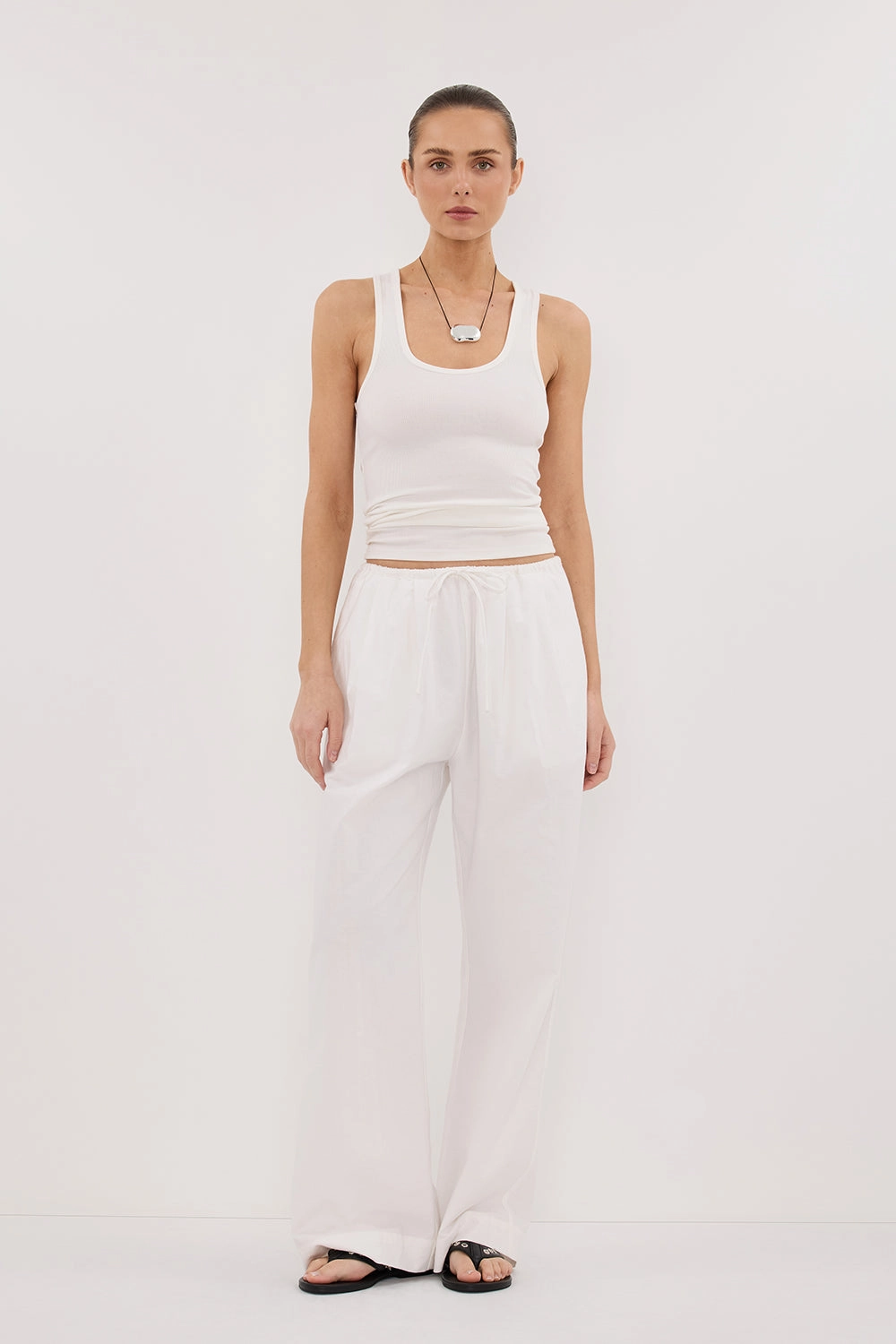 Durable Hemming RHEA WHITE COTTON DRAWSTRING PANT