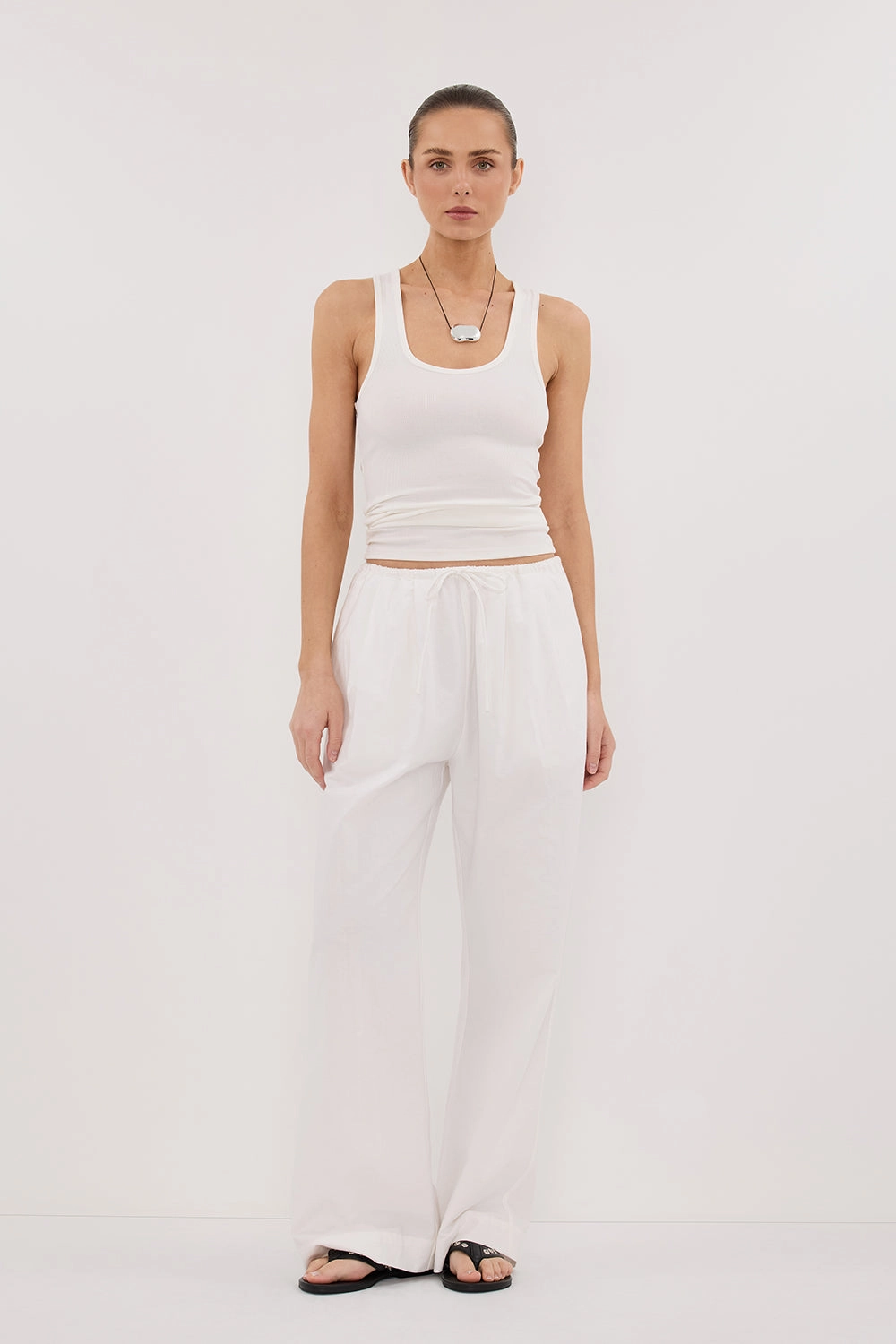 RHEA WHITE COTTON DRAWSTRING PANT Comfy Waist Flexible Layer Fit