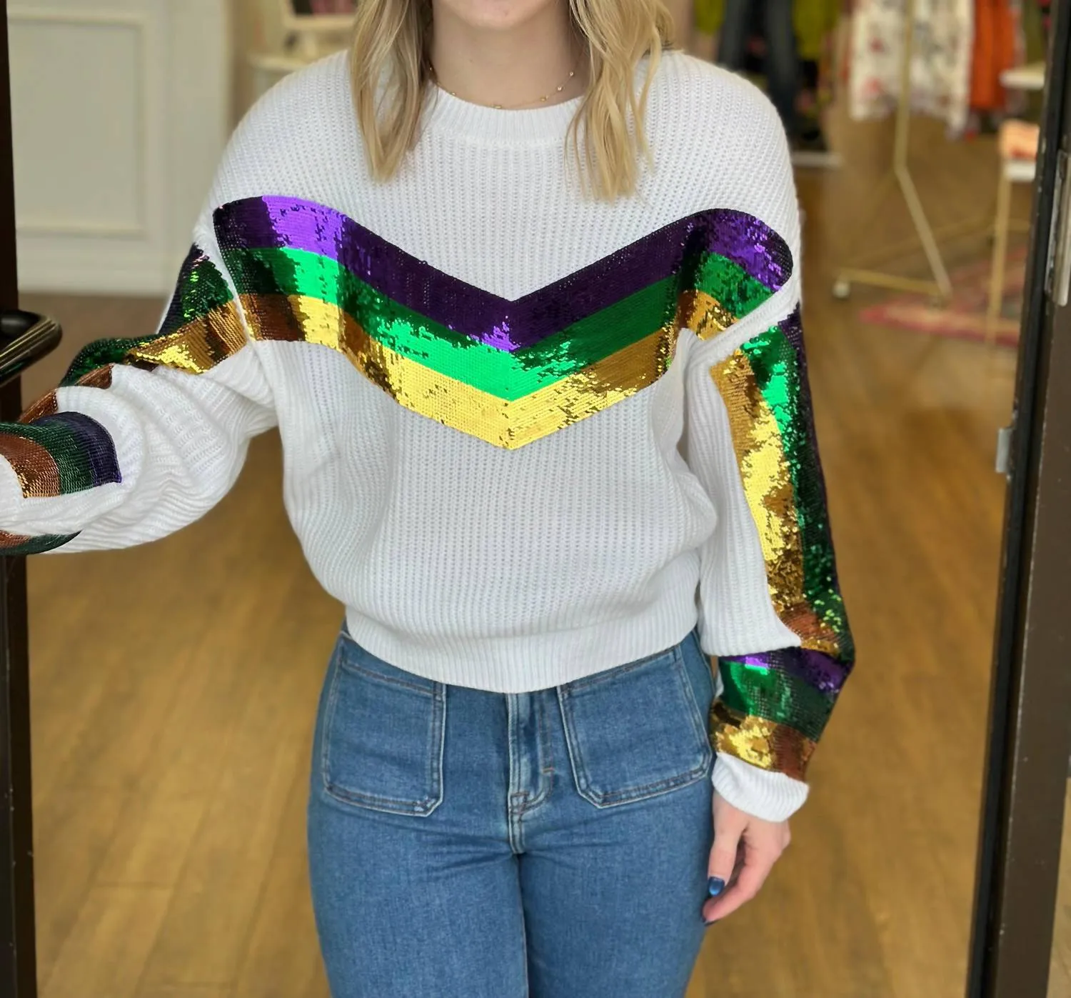 Effortless Layer Mardi Gras Long Sleeve Sweater In White