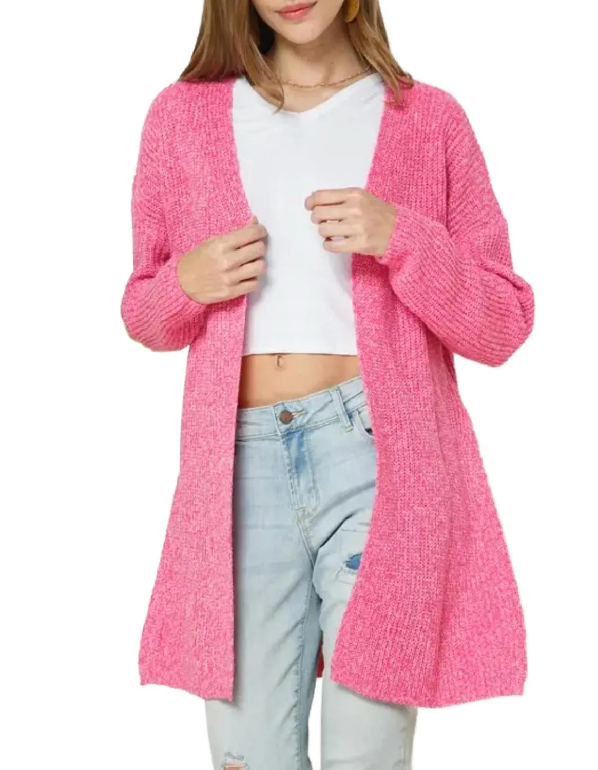 Ribbed-Knit Open-Front Cardigan In Hot Pink Relaxed Wear