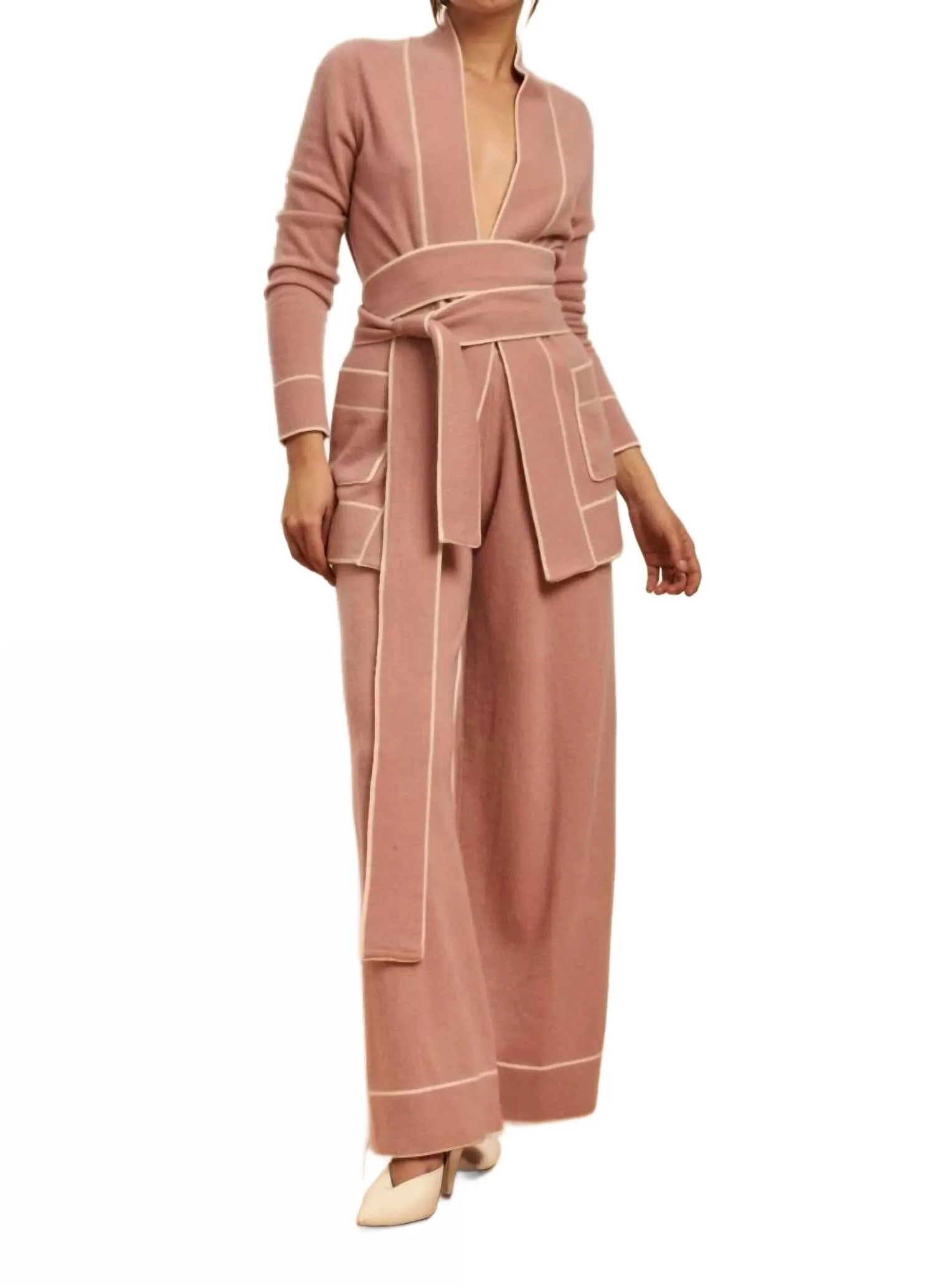 Diableret Belted Cashmere Cardigan In Dusty Pink/cream Durable Reinforced Elbows Textured Fabric