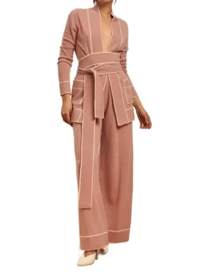 Diableret Belted Cashmere Cardigan In Dusty Pink/cream Durable Reinforced Elbows Textured Fabric