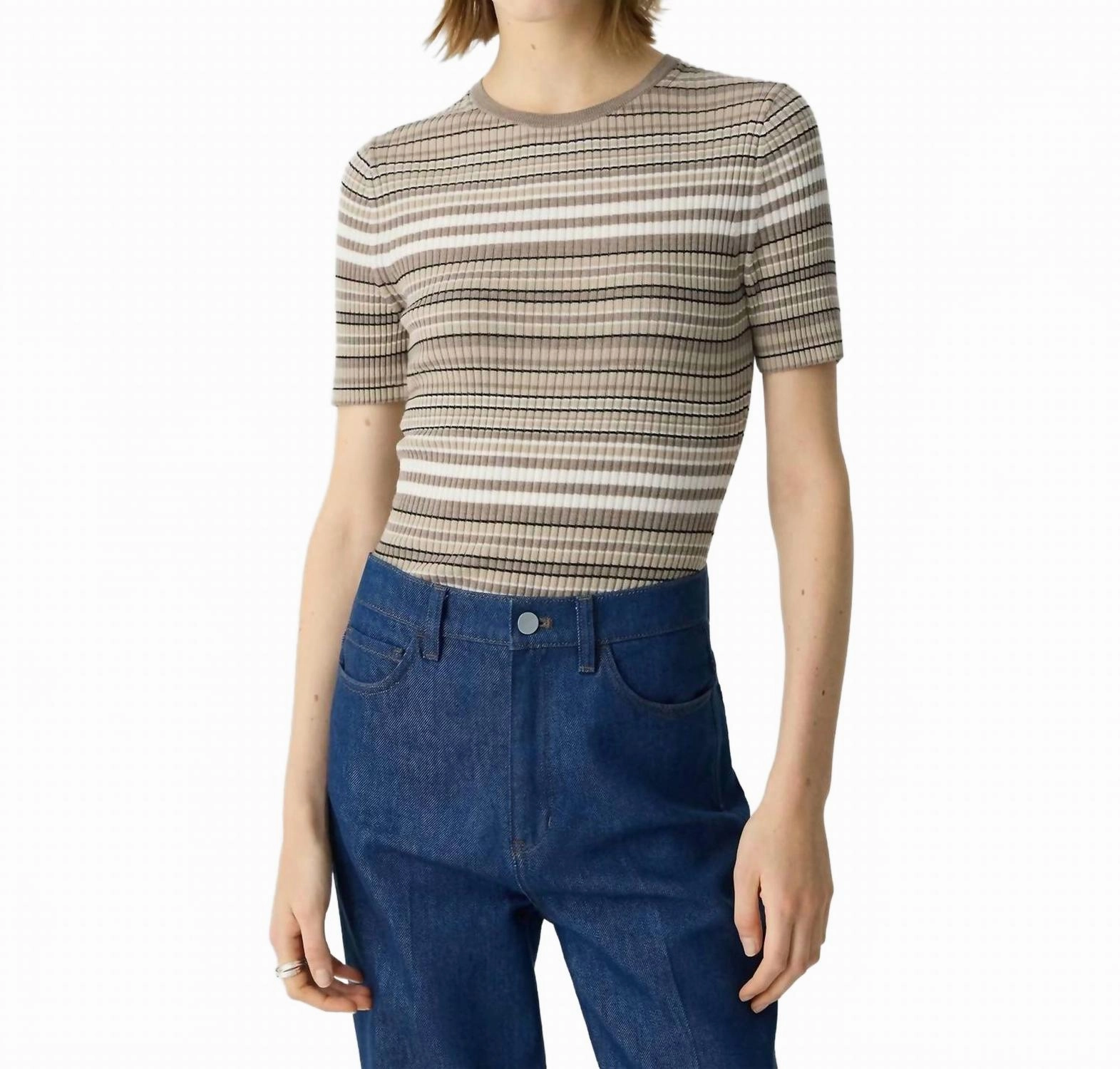 Anti Snag Threadwork Cozy Knit Touch Ribbed Short-Sleeve Sweater In Light Cider Multi