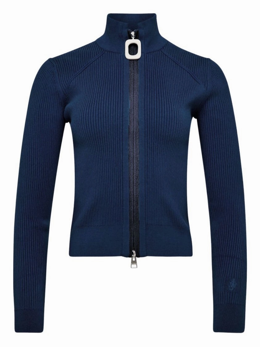 Modern Knitwear Ribbed Steel Blue Sweater With High Neck