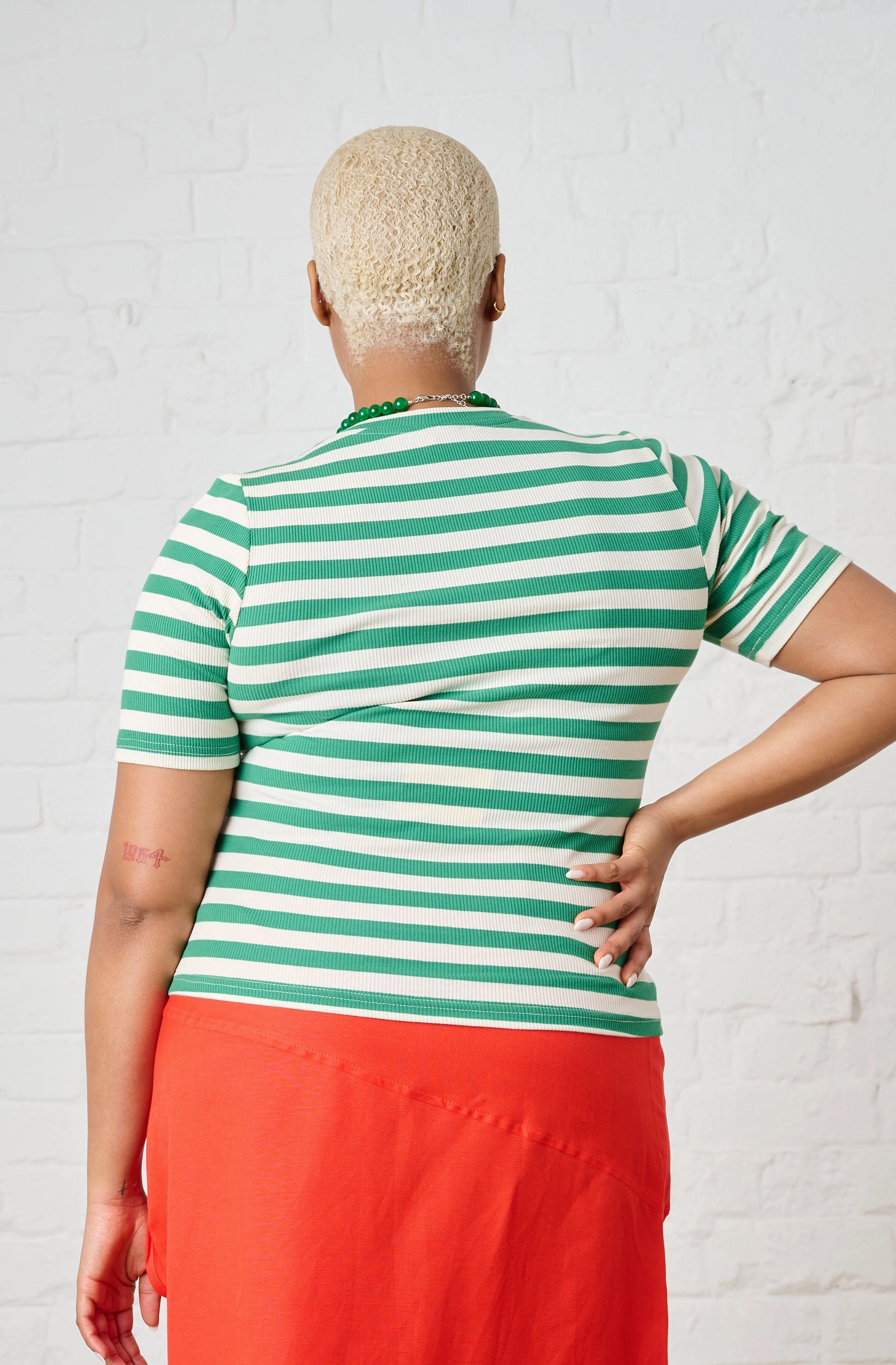 Ribbed Tee in Green/Milk Stripe HypoallergenicFibers Layered Neckline