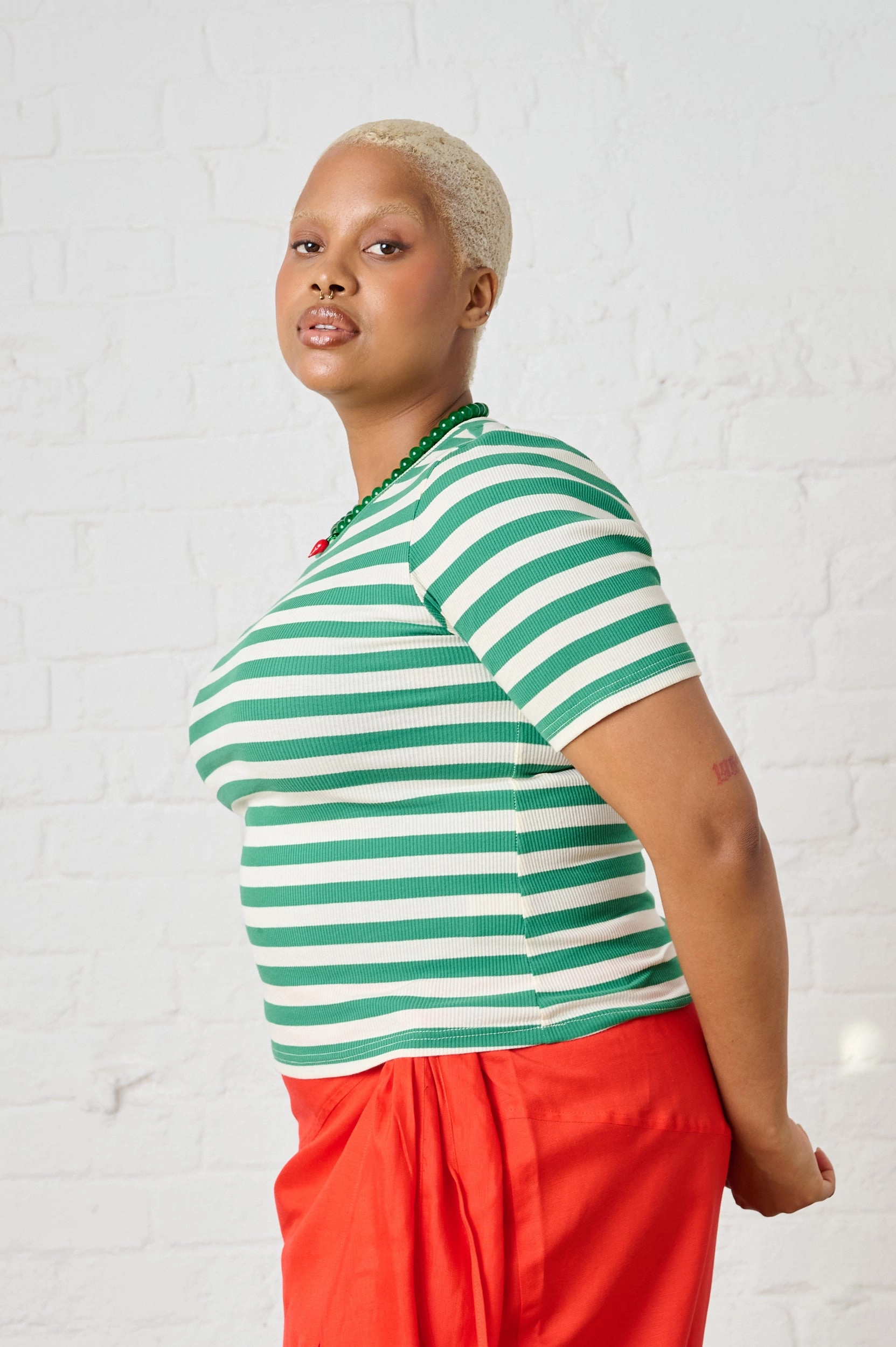 EasyCare Fabric Ribbed Tee in Green/Milk Stripe