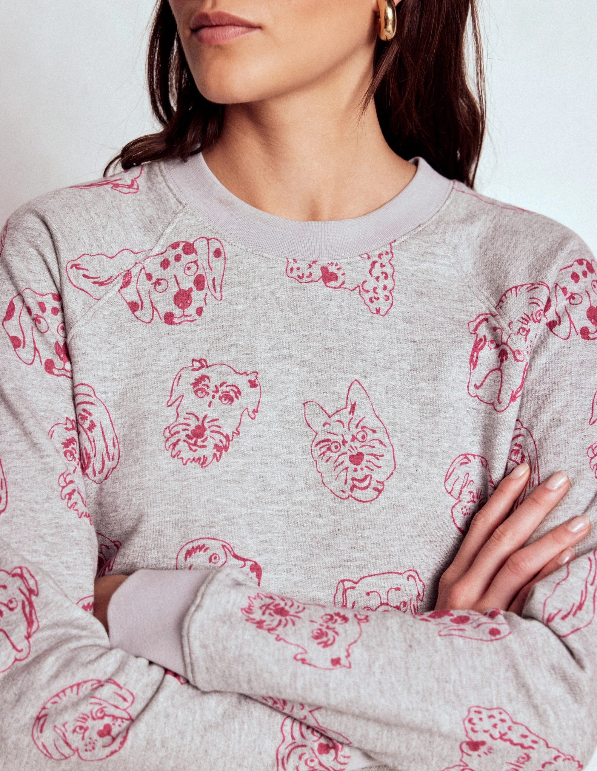 Casual Wear Rosa Printed Sweatshirt-Grey and Pink Yarrow, Dogs No Snag Zipper Design