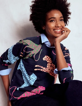 Rosa Printed Sweatshirt-Navy, Leaping Leopard Breathable mesh panel Butter Soft Handfeel HighStretch