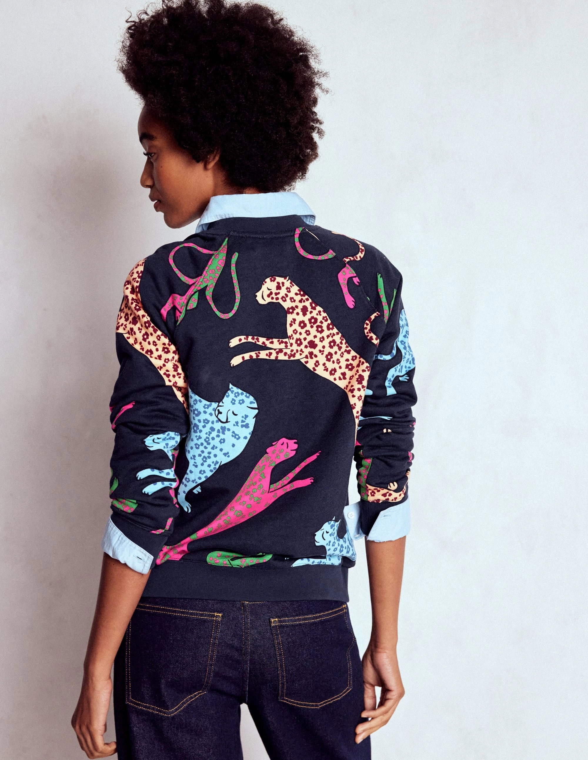 Rosa Printed Sweatshirt-Navy, Leaping Leopard Breathable mesh panel Zero Waste Cut Pattern LightReflective