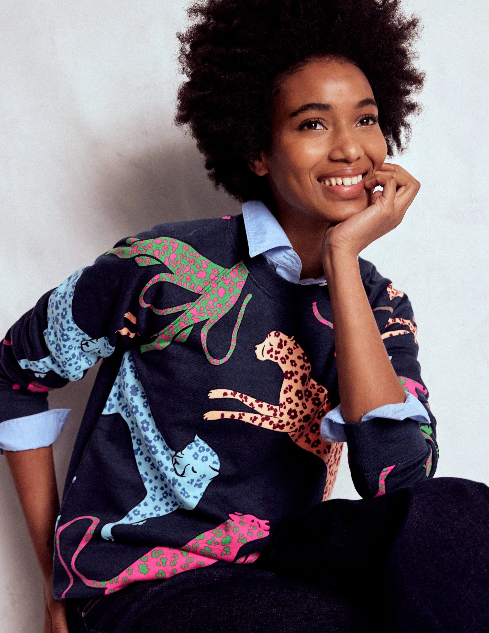 Rosa Printed Sweatshirt-Navy, Leaping Leopard Breathable mesh panel Butter Soft Handfeel HighStretch