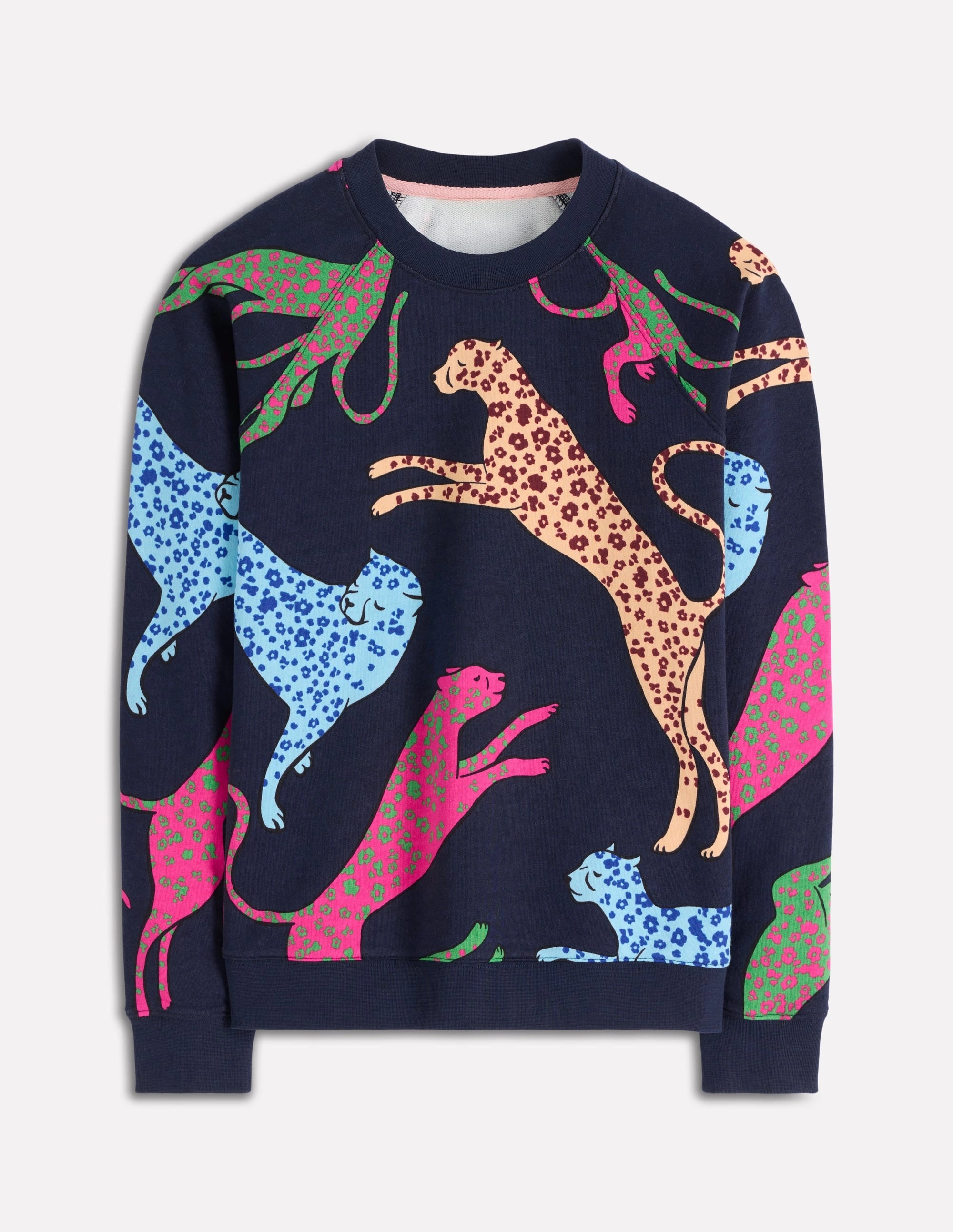 Rosa Printed Sweatshirt-Navy, Leaping Leopard Breathable mesh panel UV Protective Coating Breathable mesh panel