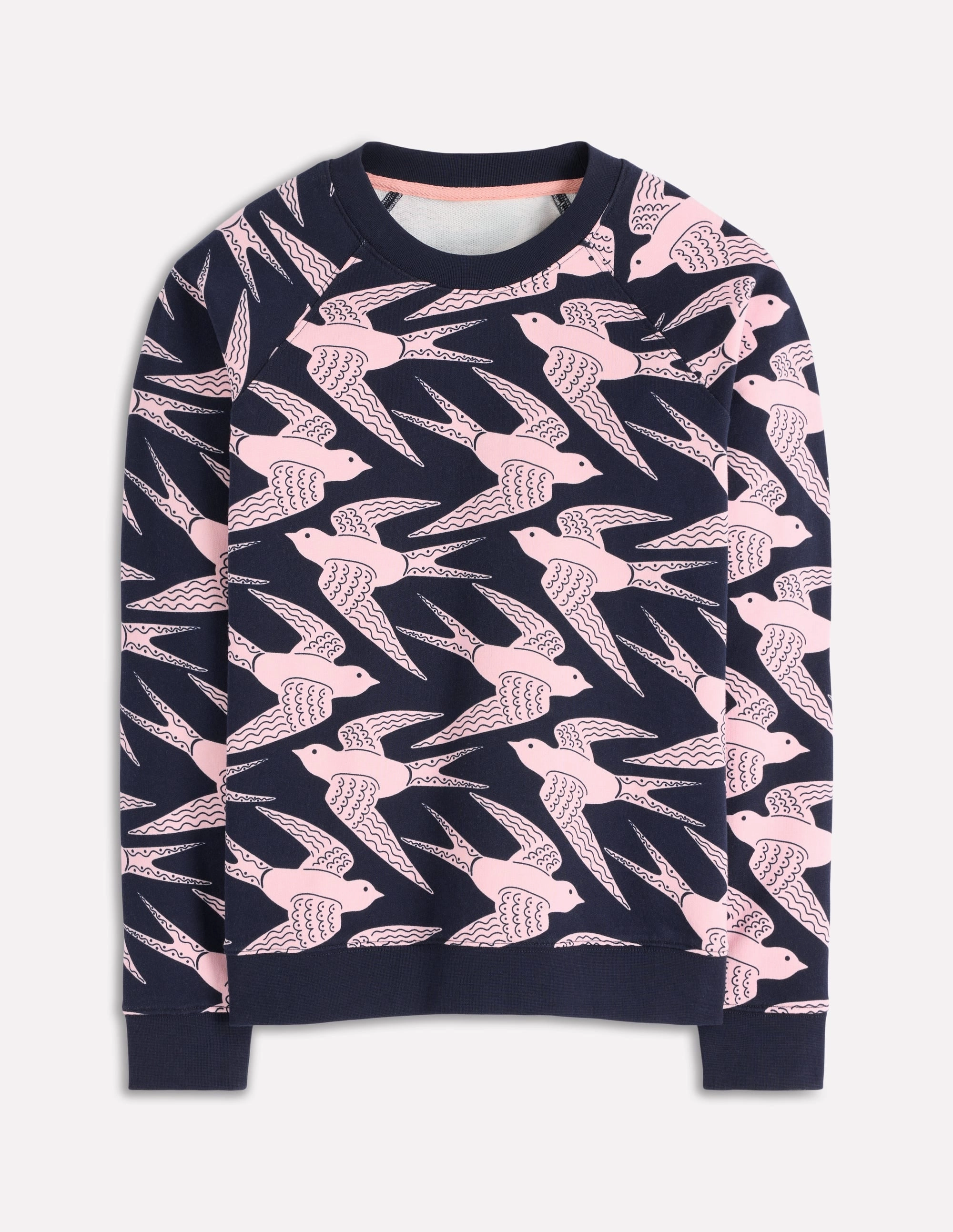 Rosa Printed Sweatshirt-Navy, Pink Swooping Swallow LightDeflecting Fiber Lightweight Design