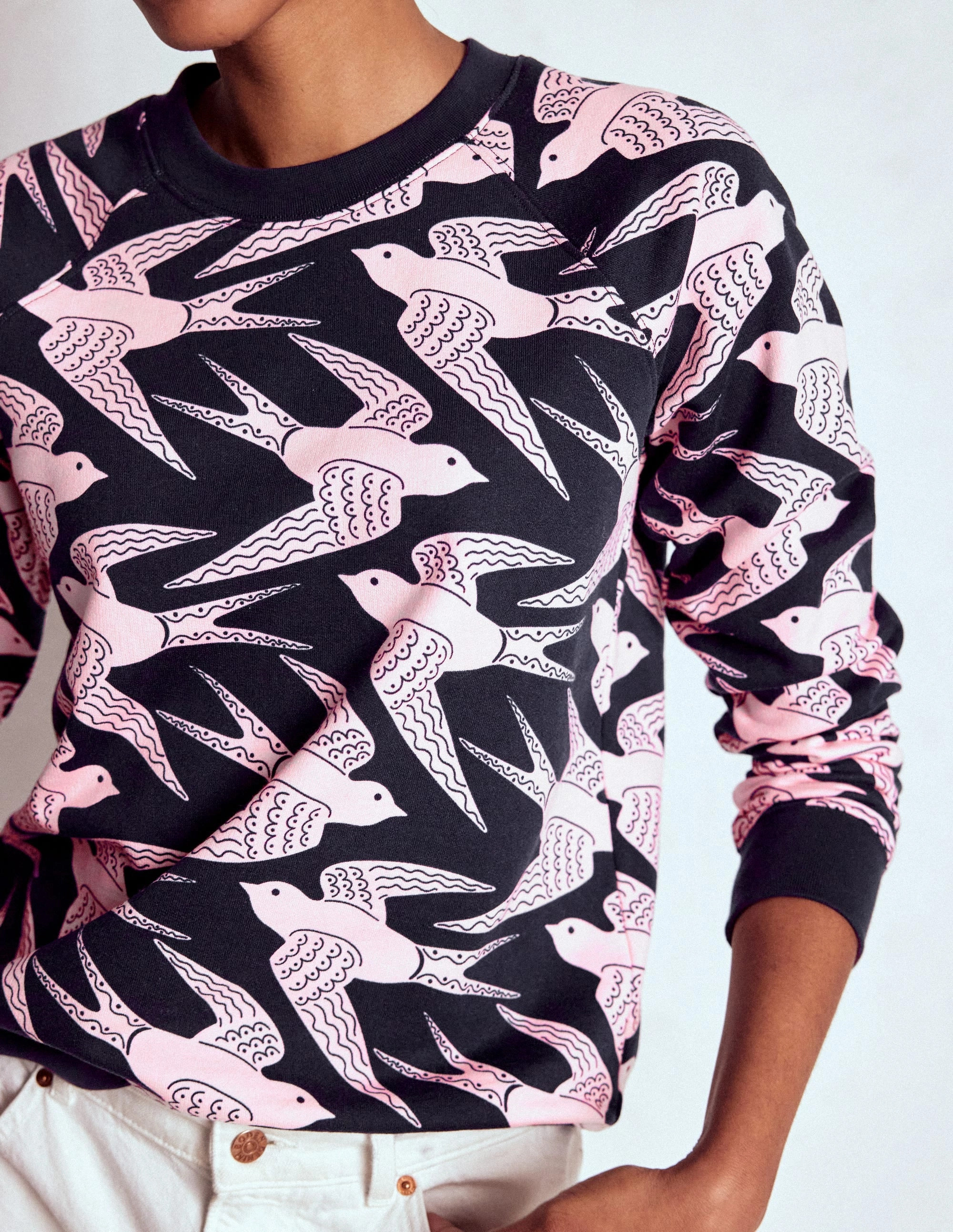 Easy Fit Rosa Printed Sweatshirt-Navy, Pink Swooping Swallow LightDeflecting Fiber