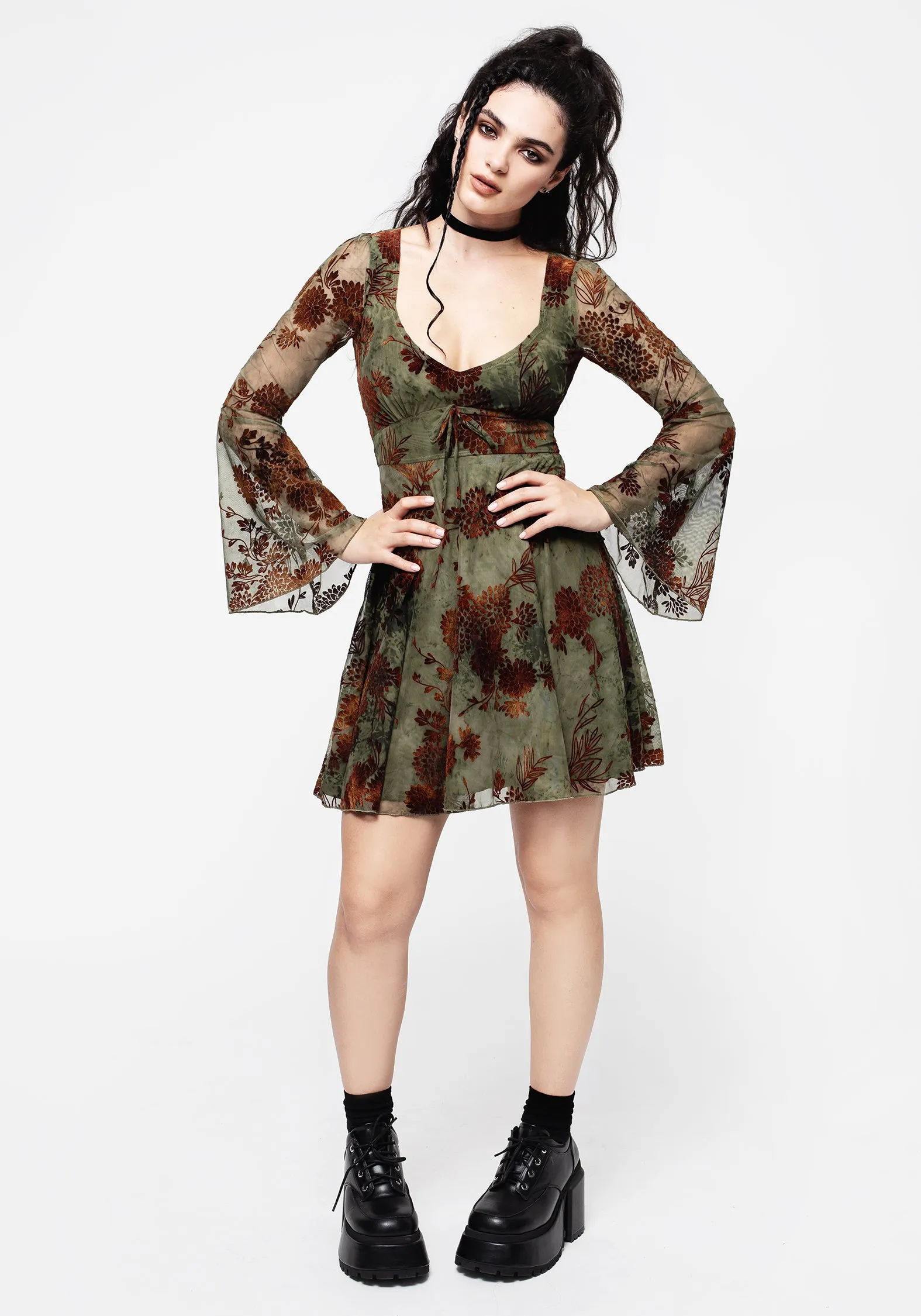Rosaleigh Flock Velour Mesh Flare Sleeve Mini Dress Satin Layers EcoFriendlyDye