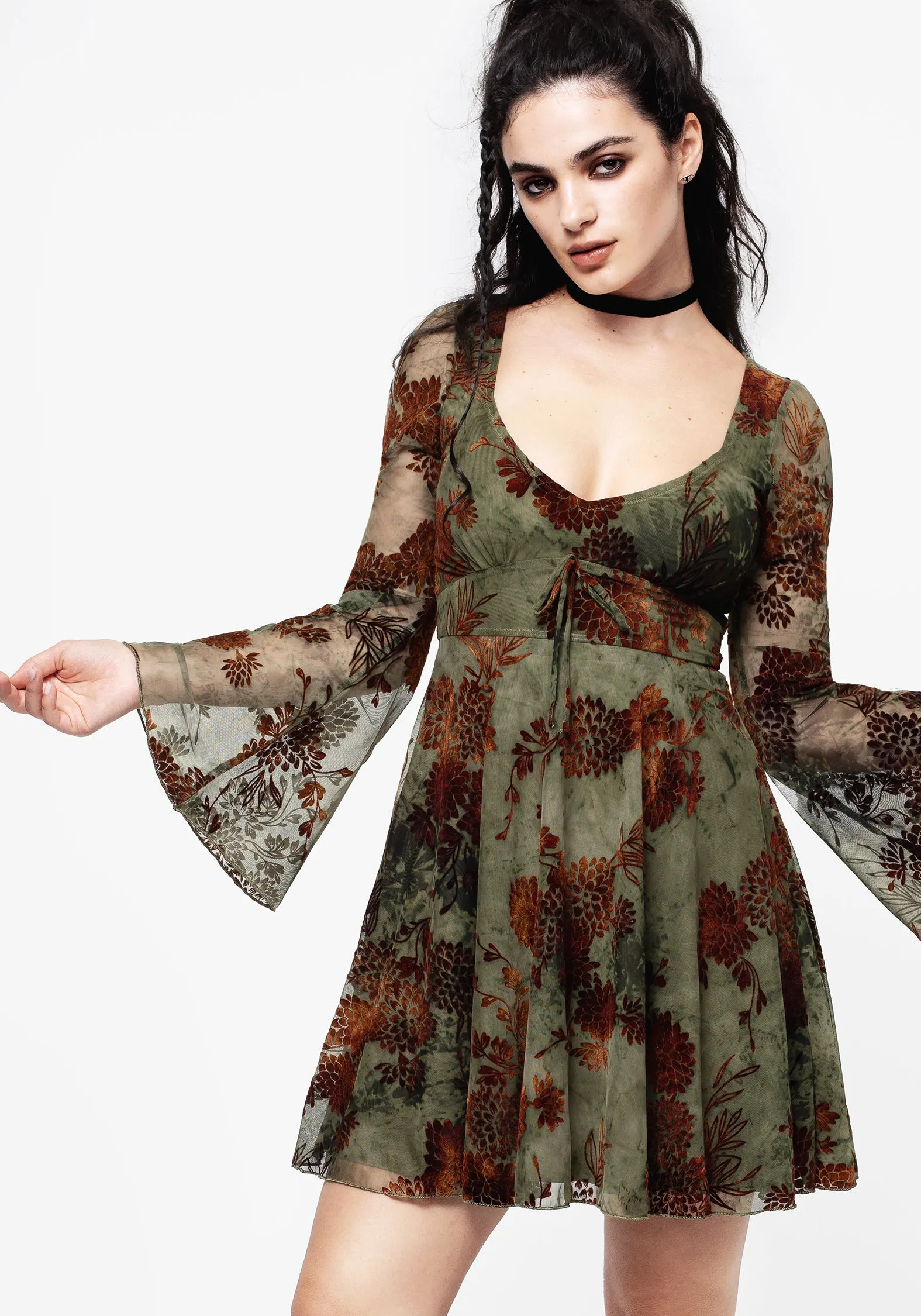 Skin-friendly Rosaleigh Flock Velour Mesh Flare Sleeve Mini Dress