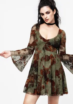 Skin-friendly Rosaleigh Flock Velour Mesh Flare Sleeve Mini Dress