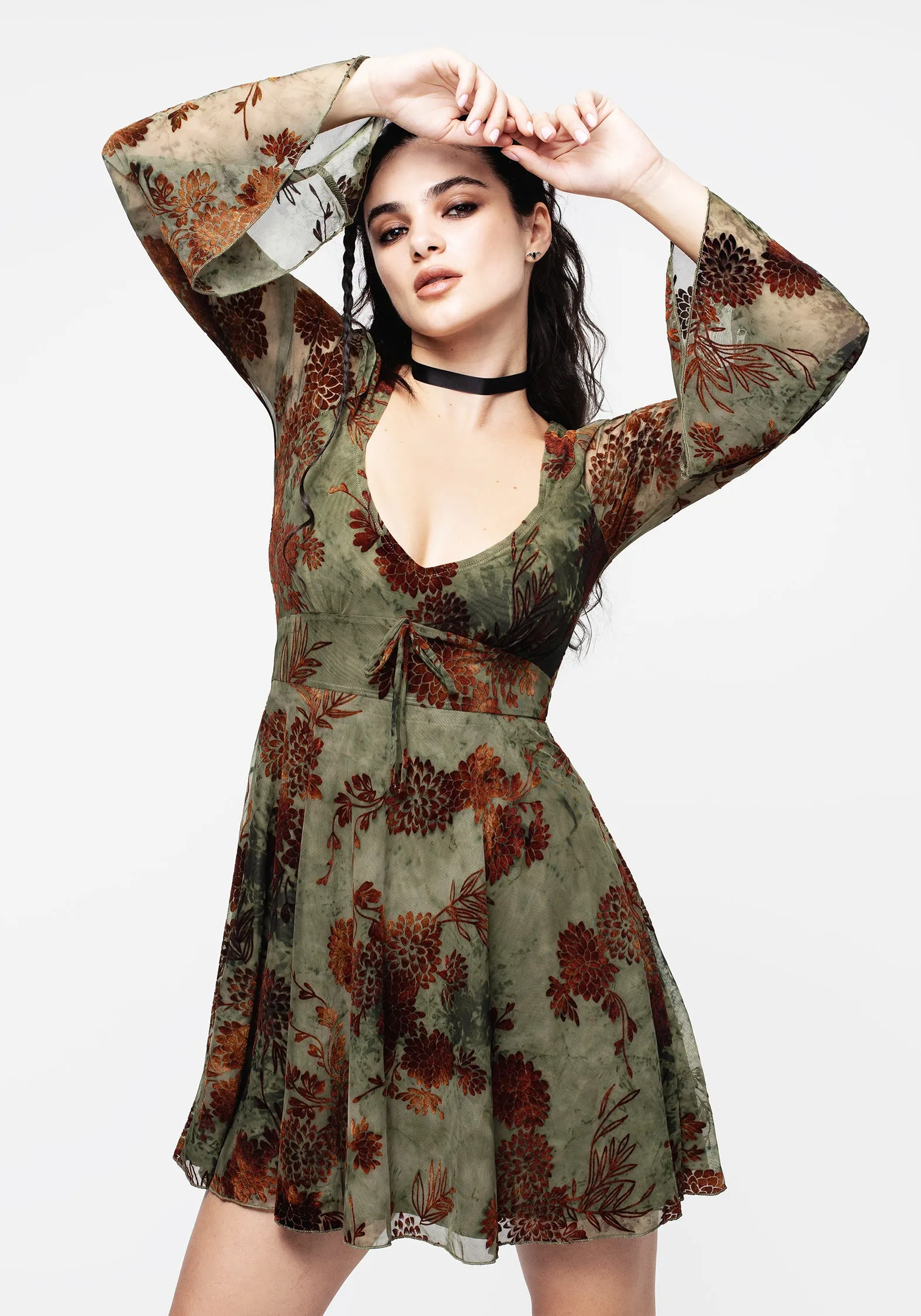 Flattering Design Wear Rosaleigh Flock Velour Mesh Flare Sleeve Mini Dress