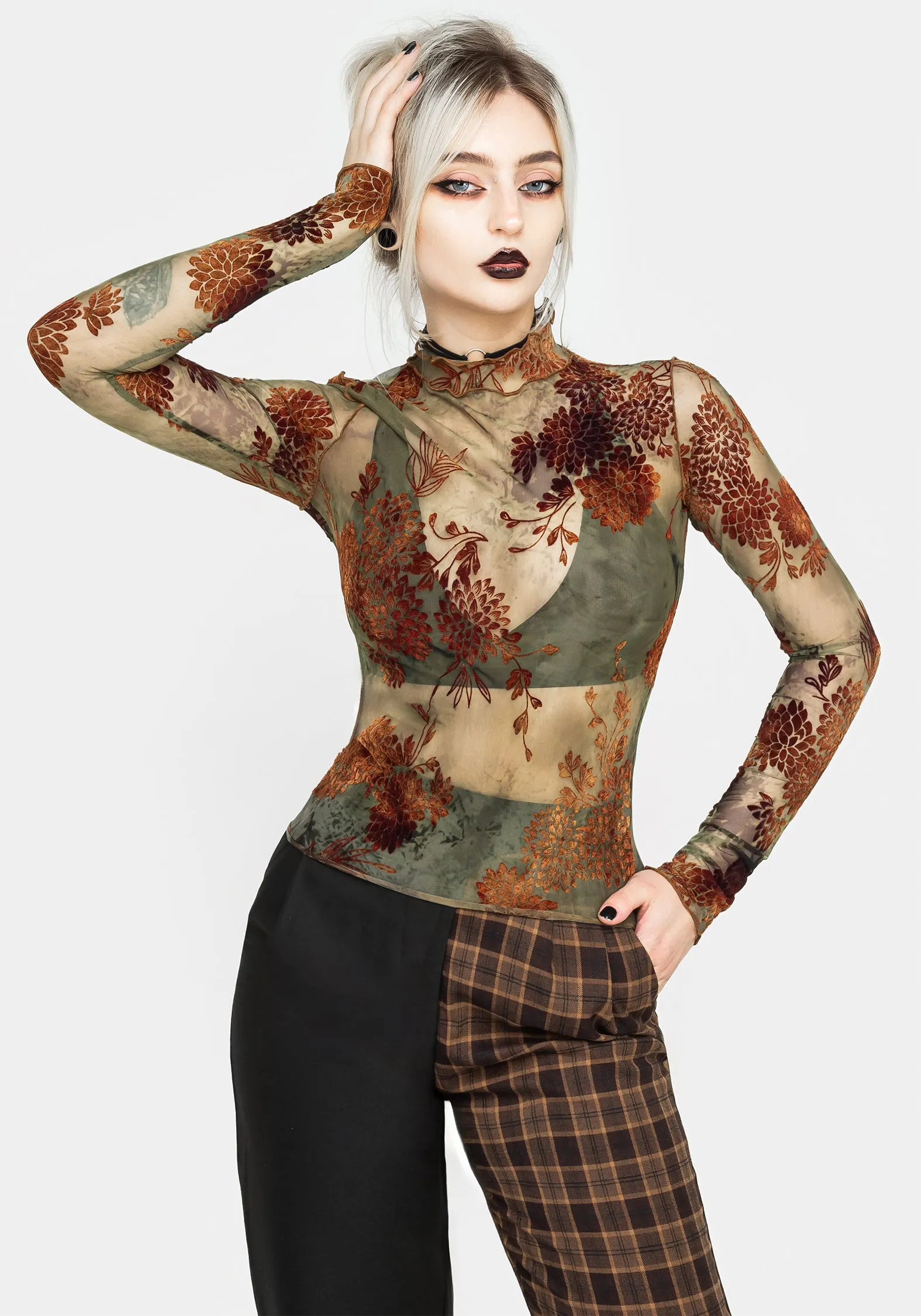 heeled Rosaleigh Flock Velour Mesh Long Sleeve Top