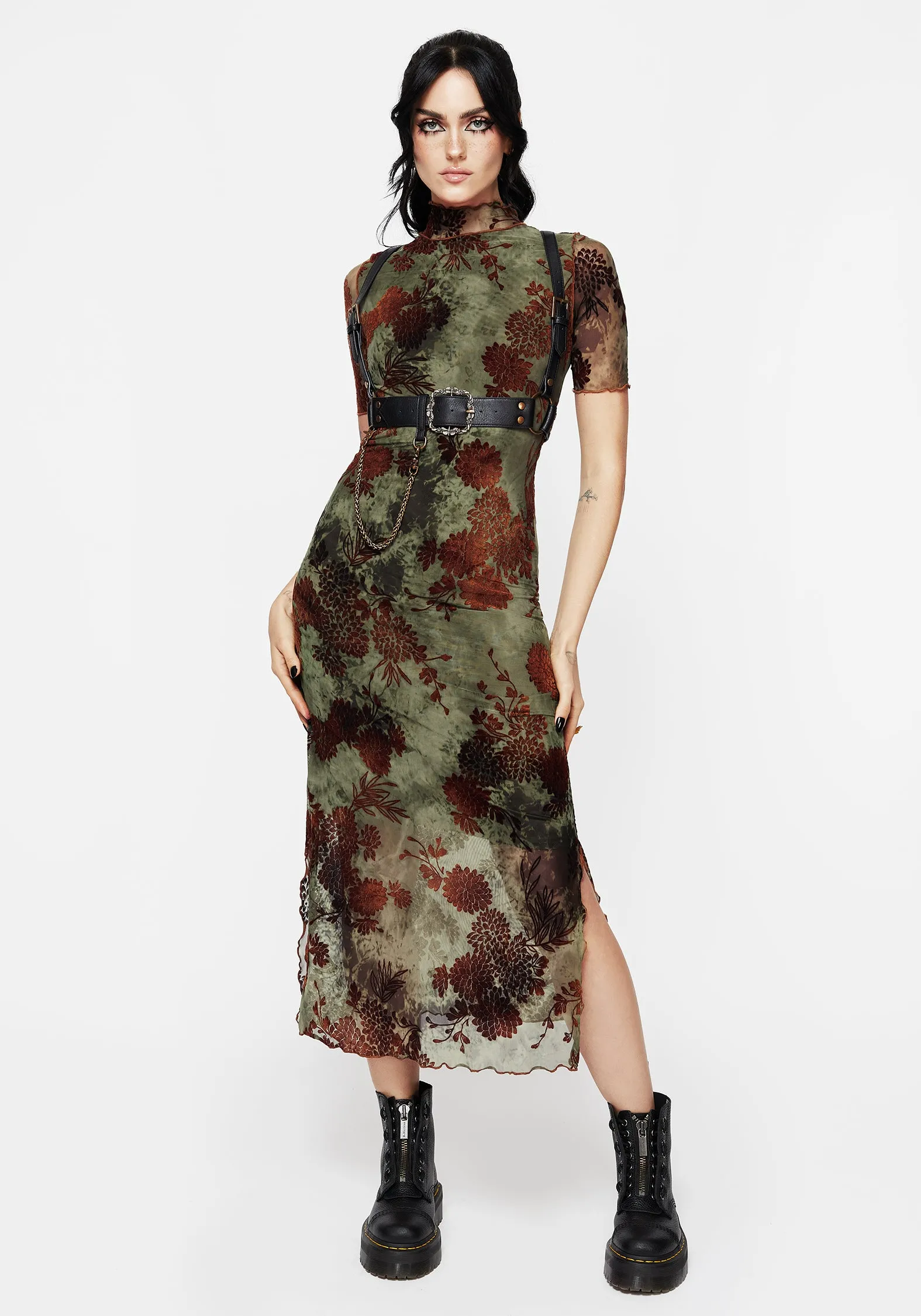 Rosaleigh Flock Velour Mesh Short Sleeved Midaxi Dress Flowing Texture Air Comfort