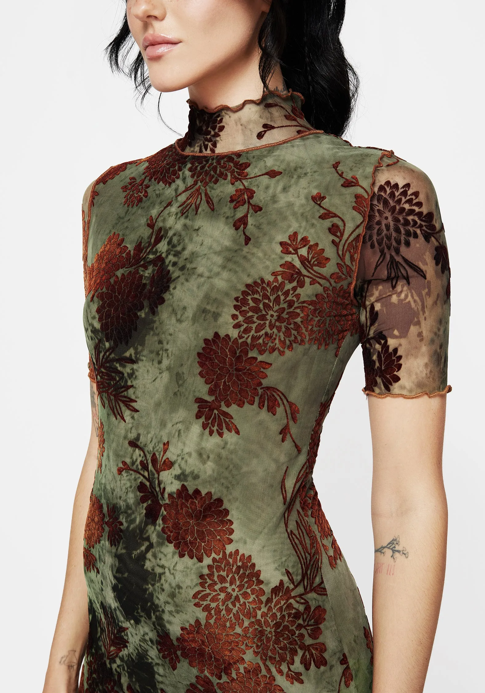 Daily Mood Rosaleigh Flock Velour Mesh Short Sleeved Midaxi Dress