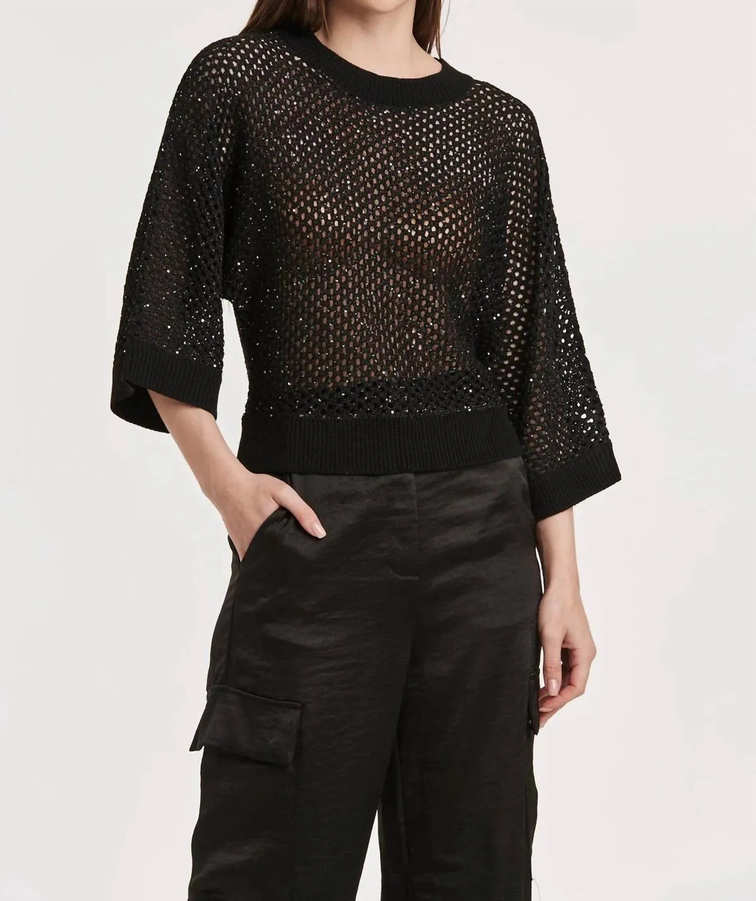 Comfy Layer Flex Knit Ribbing Rosalia Dolman Sleeve Sequin Sweater In Black