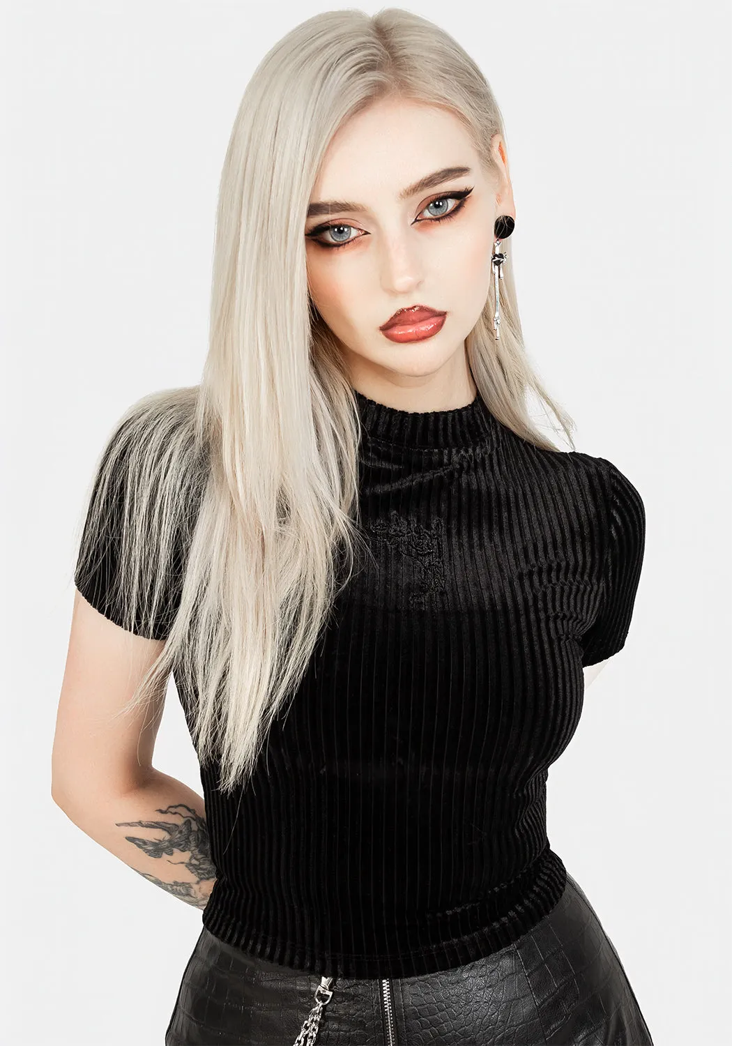 Contemporary Cut Antibacterial Fabric Rosaline Velour Rib Crop Top
