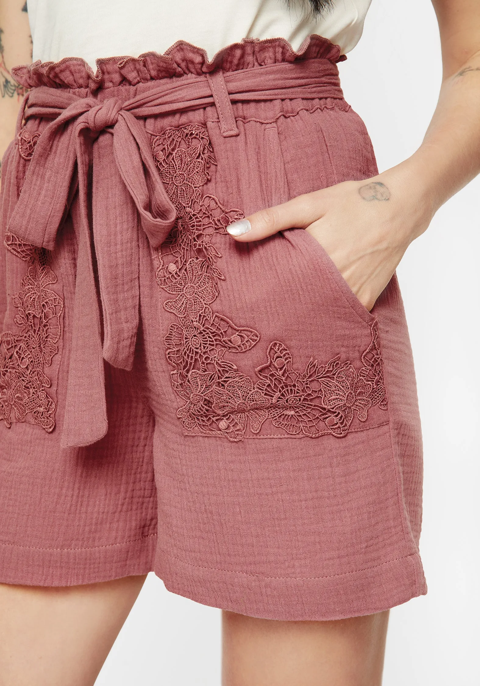 Rosamoth Applique Trim Cotton Tie Waist Shorts Abrasion Resistant Material Soft Layers