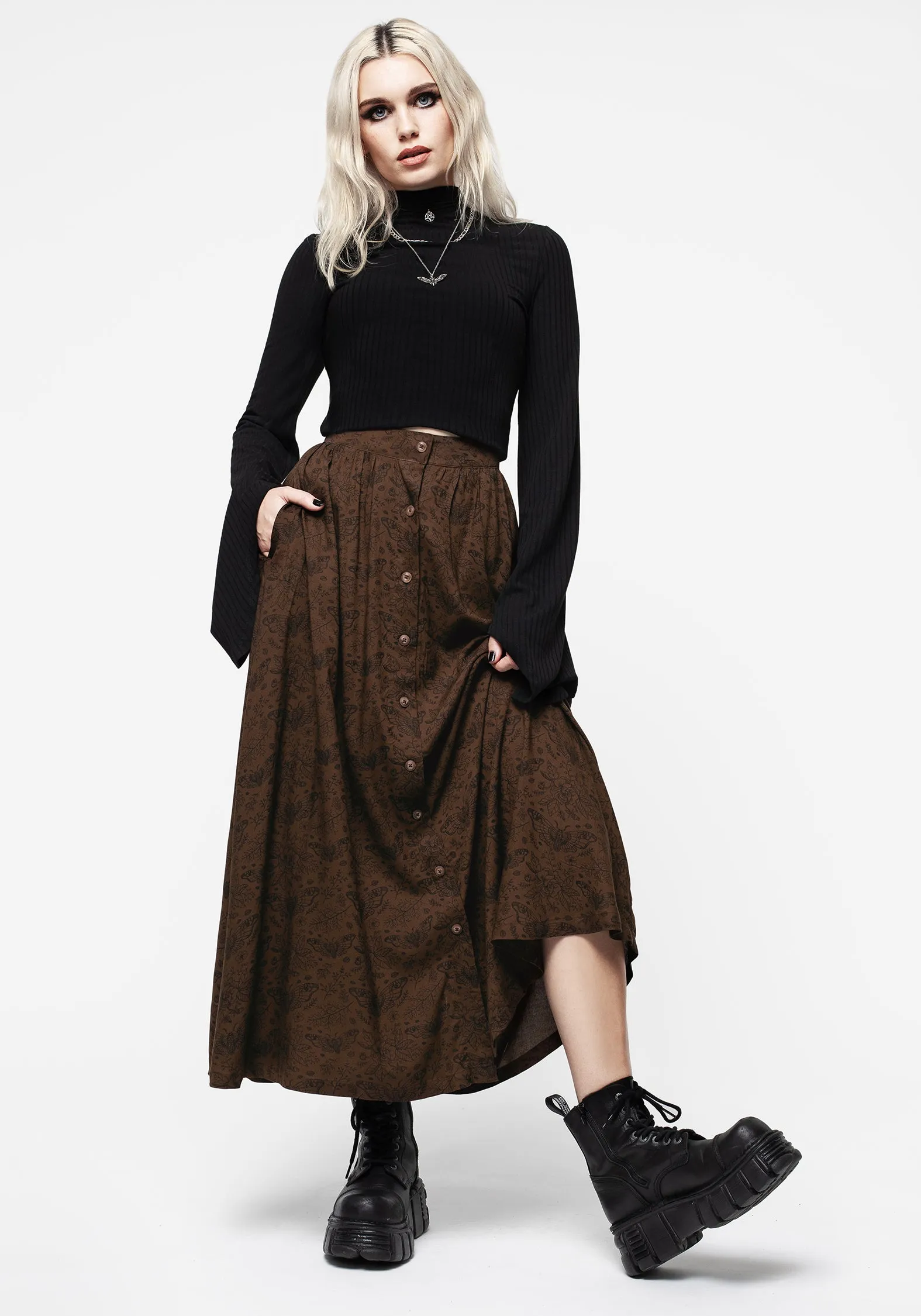 Effortless Feel Foil Print Rosamoth Button Up Midi Skirt