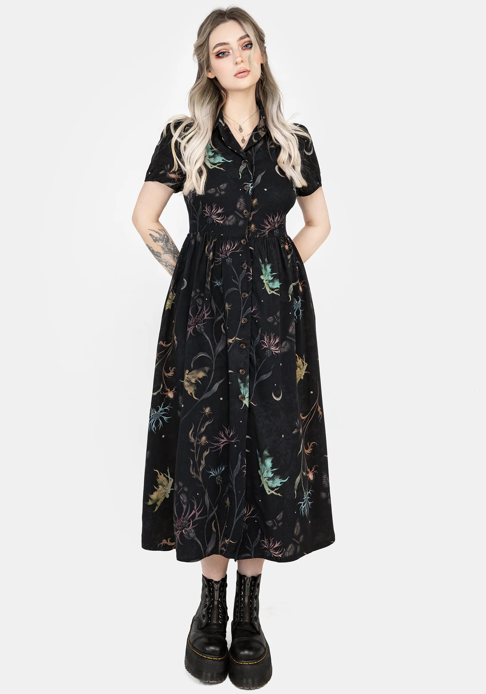 Natural Light Raglan-Sleeve Rosanella Floral Print Midi Shirt Dress