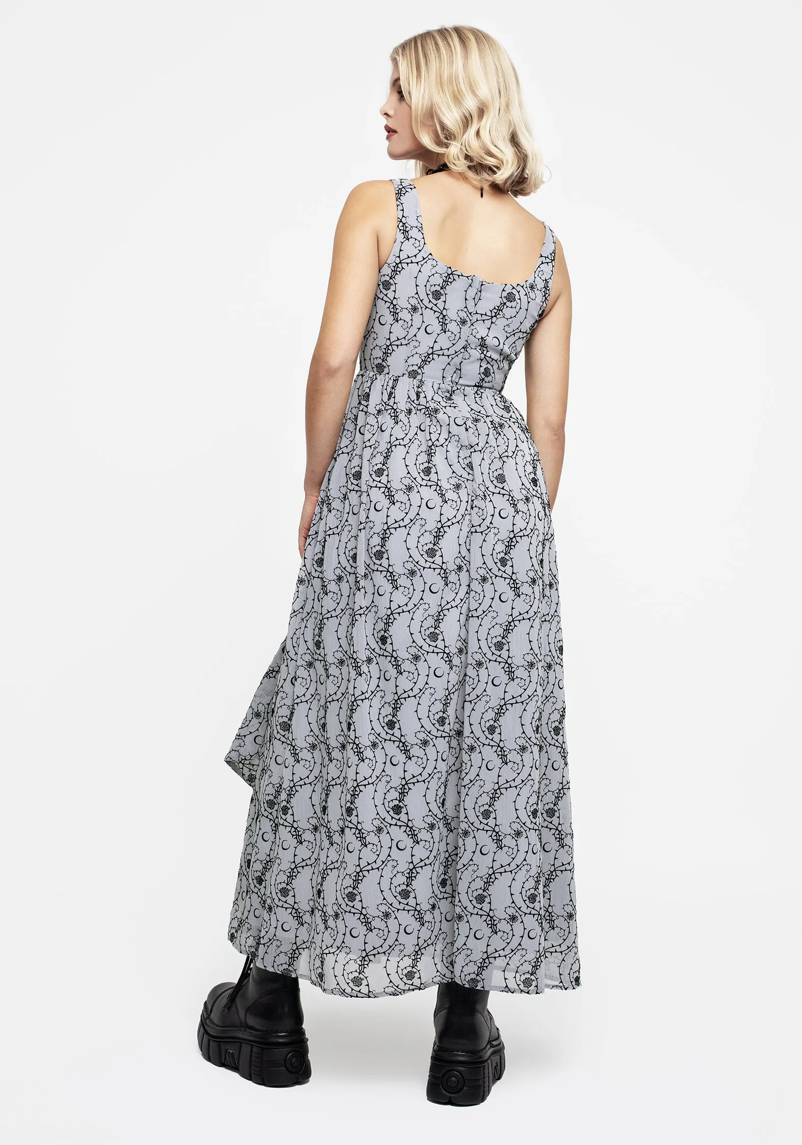 City Style Relaxed-fit Rosethorn Flocked Velour Chiffon Ruffle Midaxi Dress - Blue