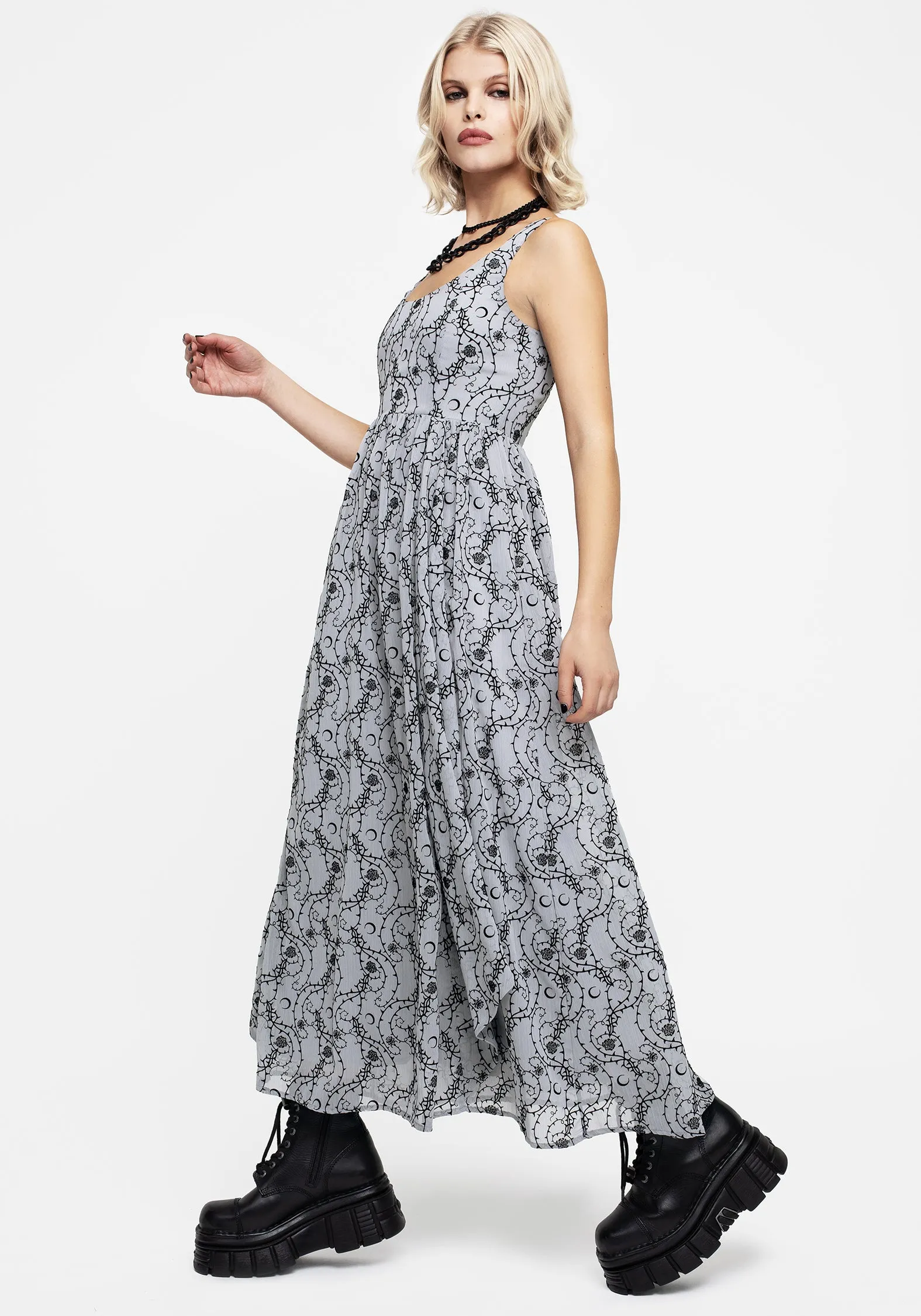 Empire Waist Comfy and Chic Rosethorn Flocked Velour Chiffon Ruffle Midaxi Dress - Blue