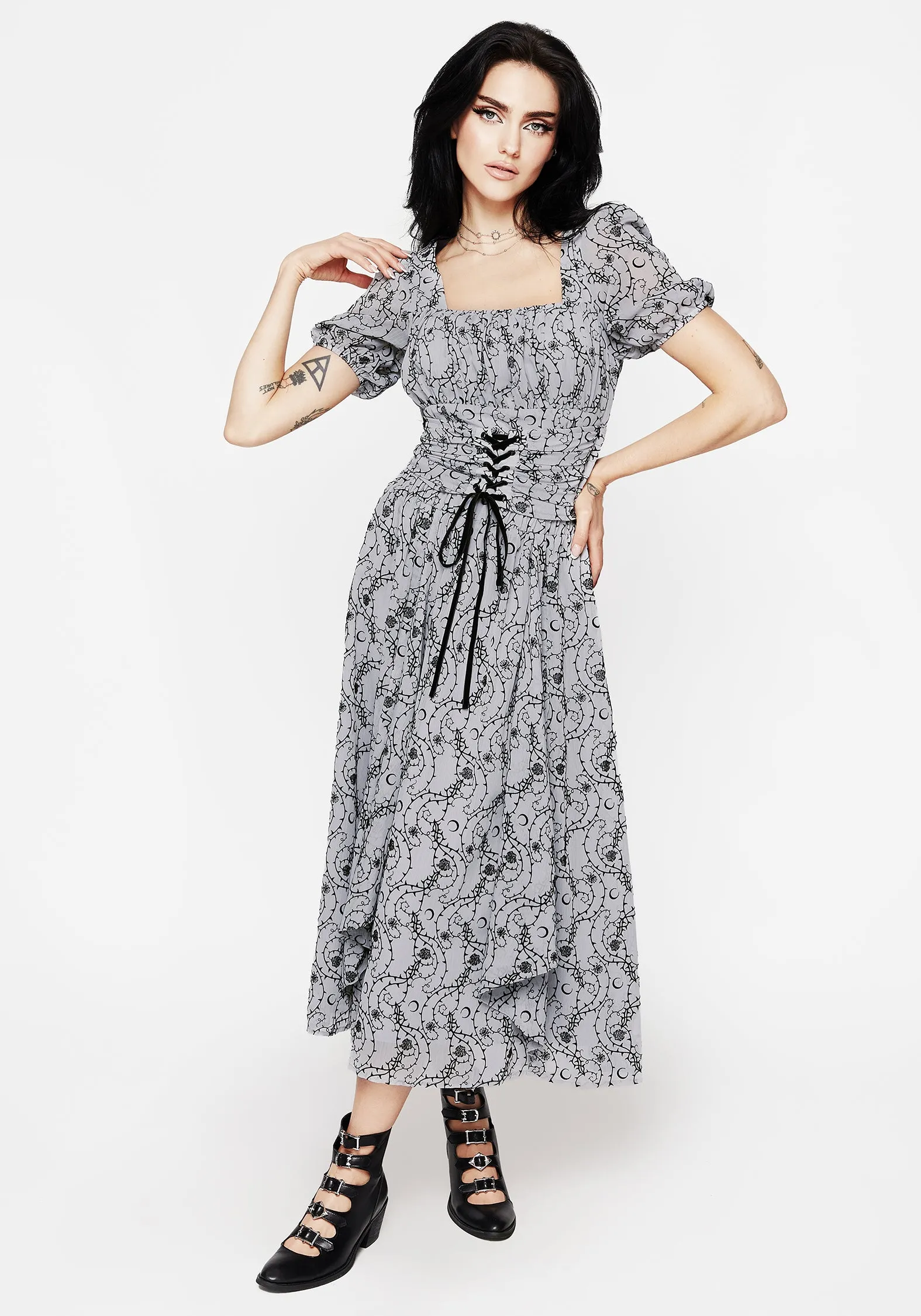 Rosethorn Flocked Velour Chiffon Ruffle Midi Skirt - Blue Lined interior