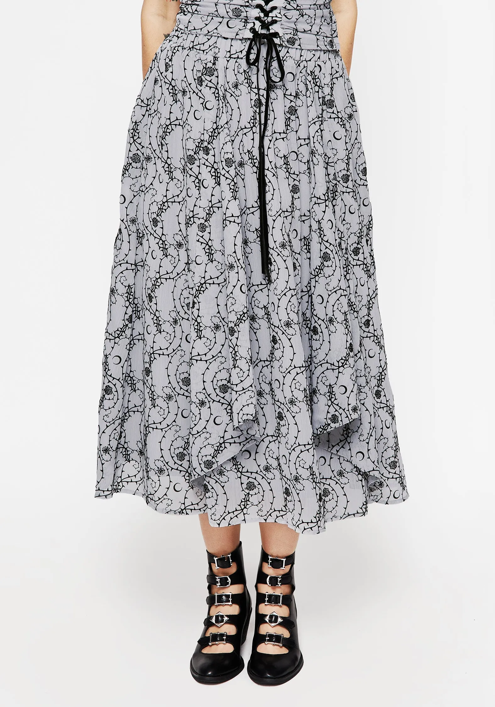 Rosethorn Flocked Velour Chiffon Ruffle Midi Skirt - Blue Clean Fit