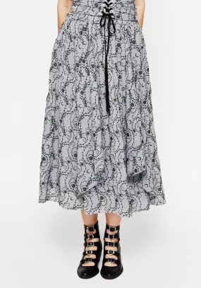 Rosethorn Flocked Velour Chiffon Ruffle Midi Skirt - Blue Clean Fit