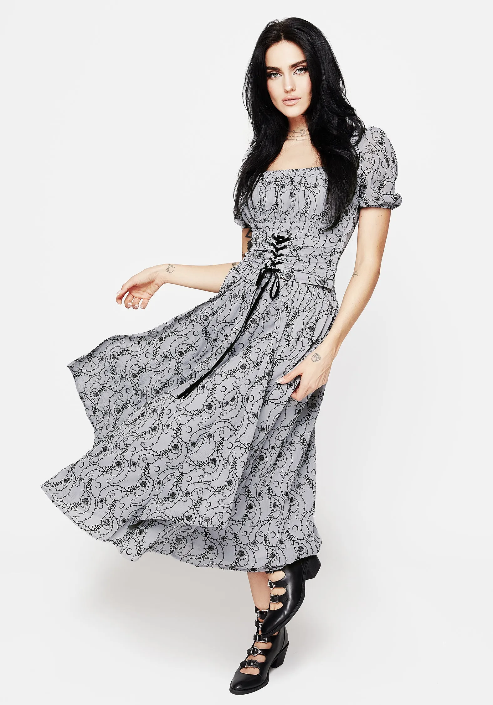 Rosethorn Flocked Velour Chiffon Ruffle Midi Skirt - Blue Patchwork Design Wardrobe Hero
