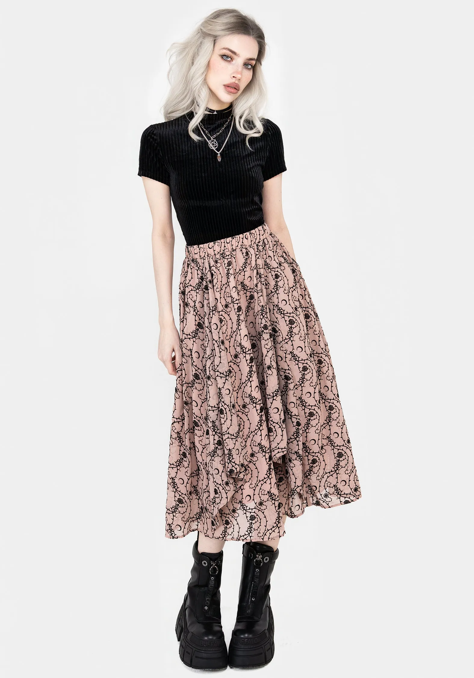 Creative Layering Scalloped Edge Rosethorn Ruffle Midi Skirt