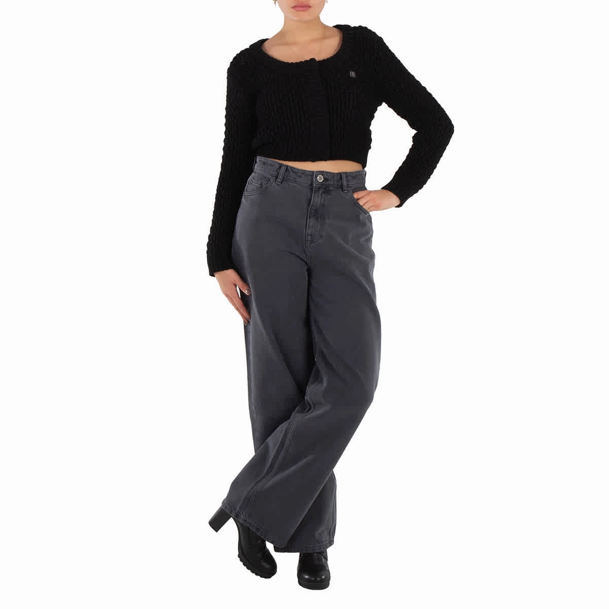 Rotate Black Chunky-Knit Cropped Cardigan Sleek Design